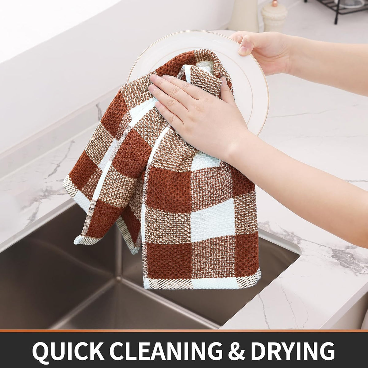 Homaxy Kitchen Towels and Dishcloths Set, Set of 12, White & Rust | Bulk Cotton Waffle Weave Check Plaid Kitchen
