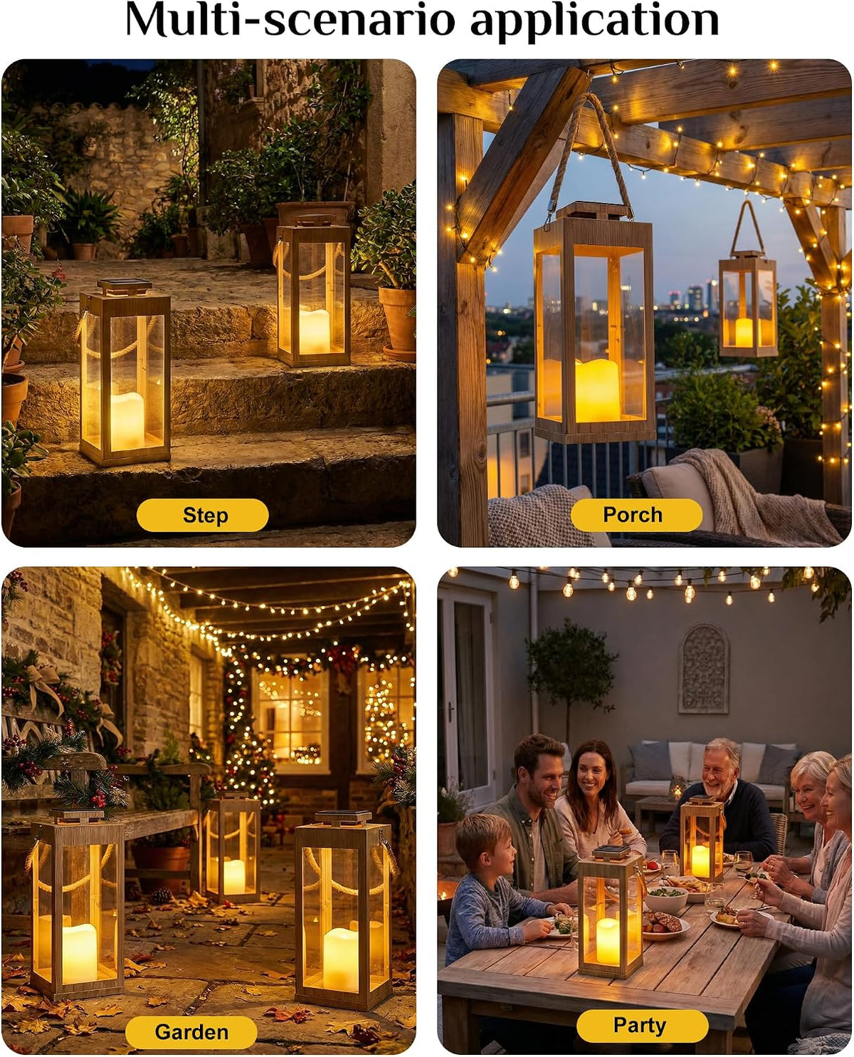 2Pack 13" Metal Decorative Porch Lanterns Solar Lanterns Outdoor Waterproof | LED Flickering Flameless Candle