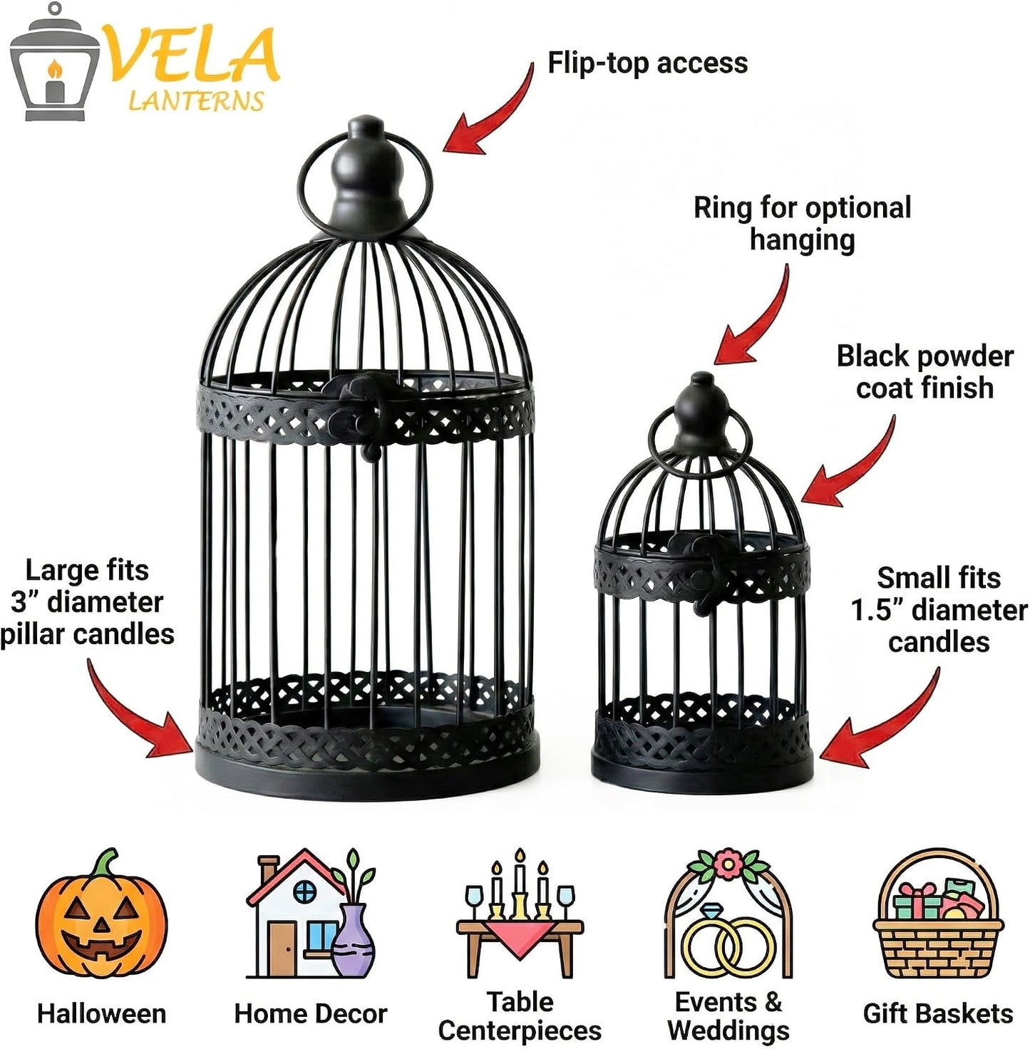 Vela Lanterns Bird Cage Decor Candle Holder Lantern Decorative Table Centerpiece Halloween Decorations, Black, Set of 4
