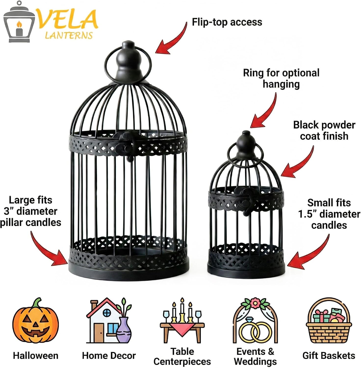 Vela Lanterns Bird Cage Decor Candle Holder Lantern Decorative Table Centerpiece Halloween Decorations, Black, Set of 4