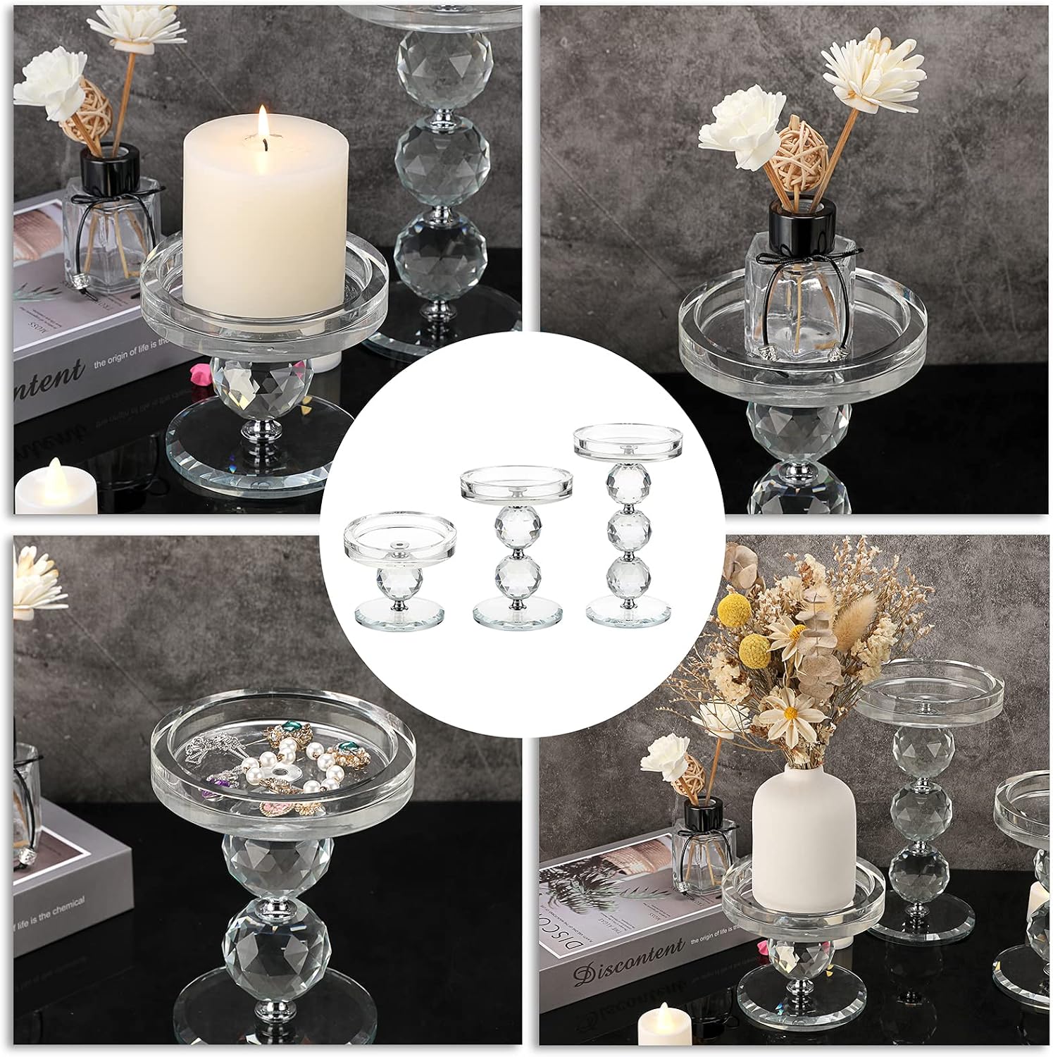 OwnMy Crystal Glass Pillar Candlestick Holders Pillar Candle Holders Sets | Clear Glass Tealight Holders Votive Candle