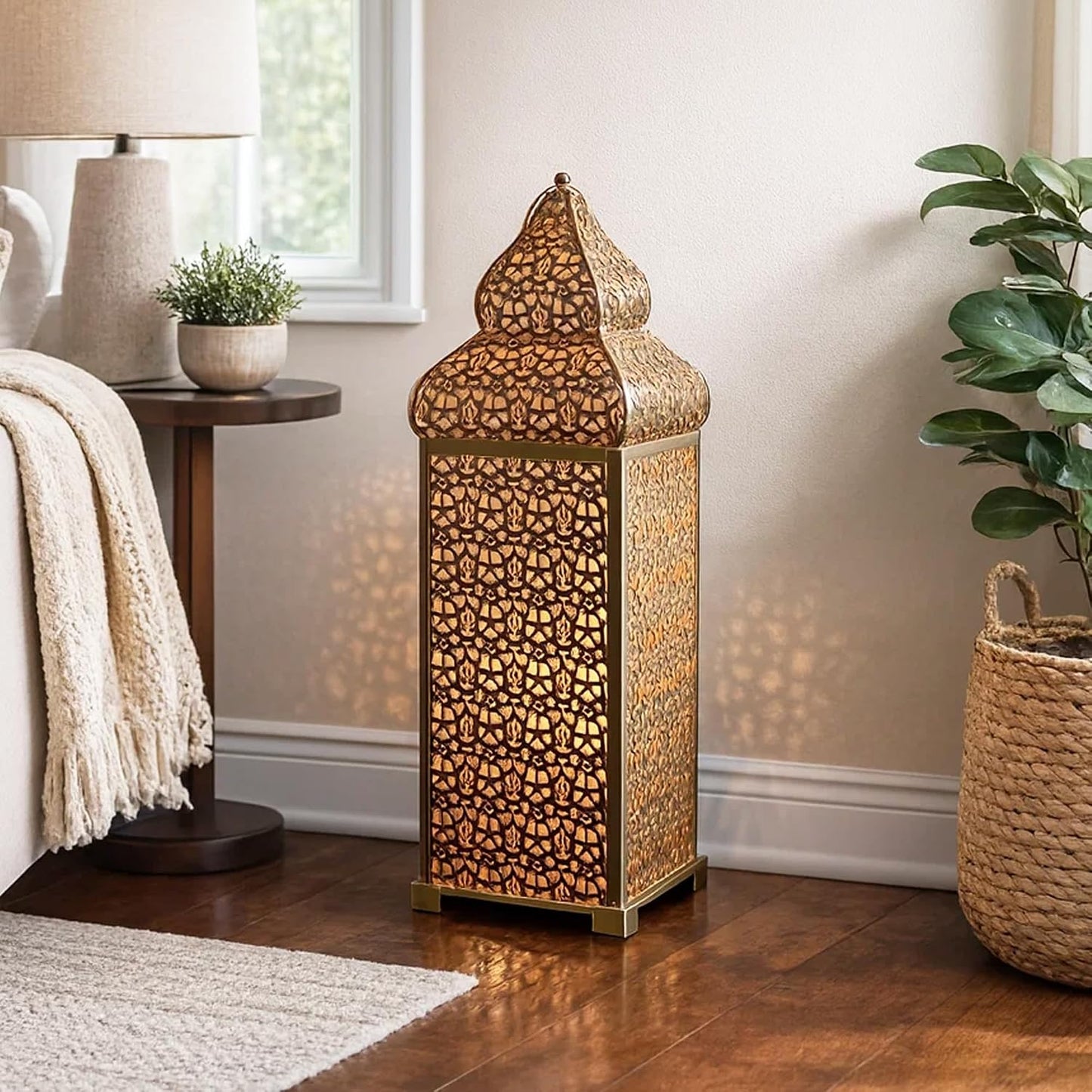 Vela Lanterns Decorative Indoor Tall Moroccan Floor Candle Holder, Gold, XL | Ramadan Decorations for Home, Extra Large
