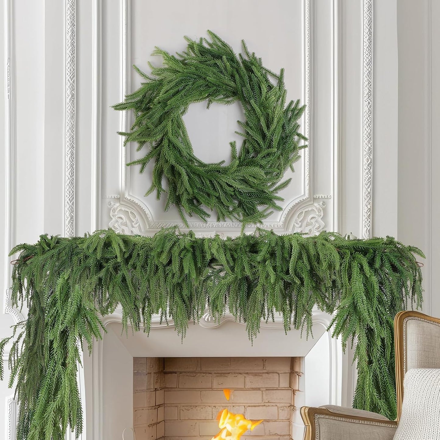 2 Pack Christmas Norfolk Pine Garland 6FT, Real Touch Greenery | Full Evergreen Garland for Mantle, Fireplace, Table