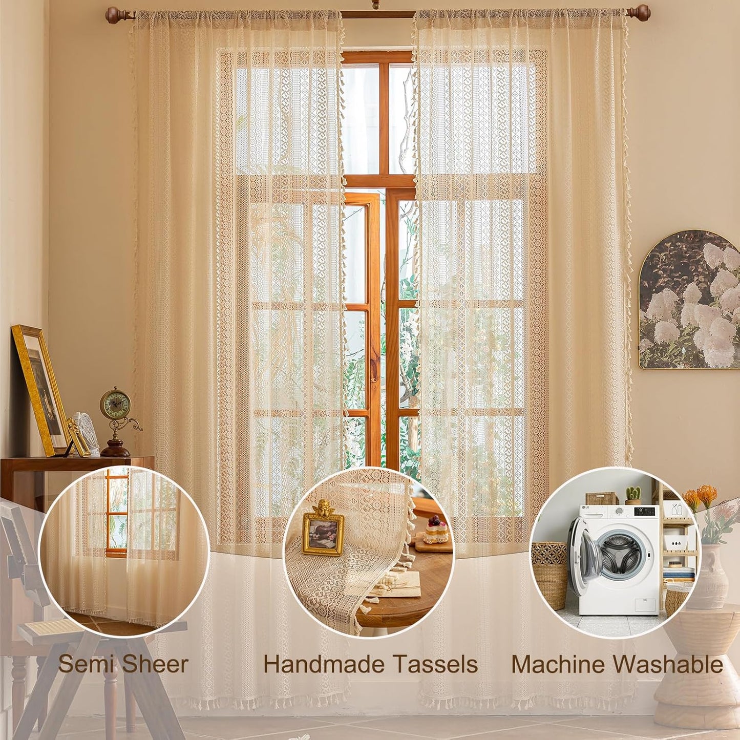 Boho Lace Curtains Long / Beige / 50"W x 84"L / 84 Inch / Set of 2