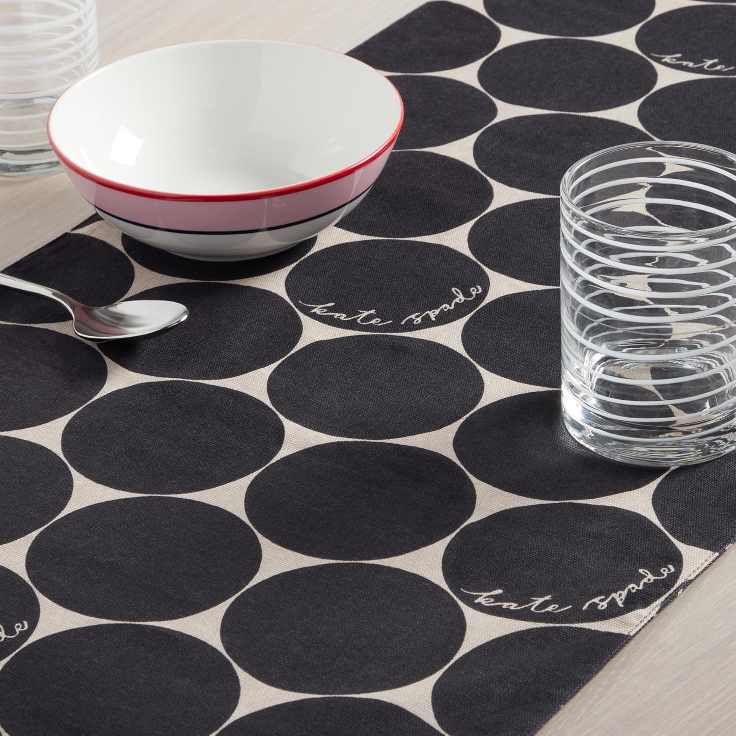 kate spade new york in The Loop & Joy Dot Reversible Table Runner, 100% Cotton, Machine Washable, Black/Beige, 15"x72"