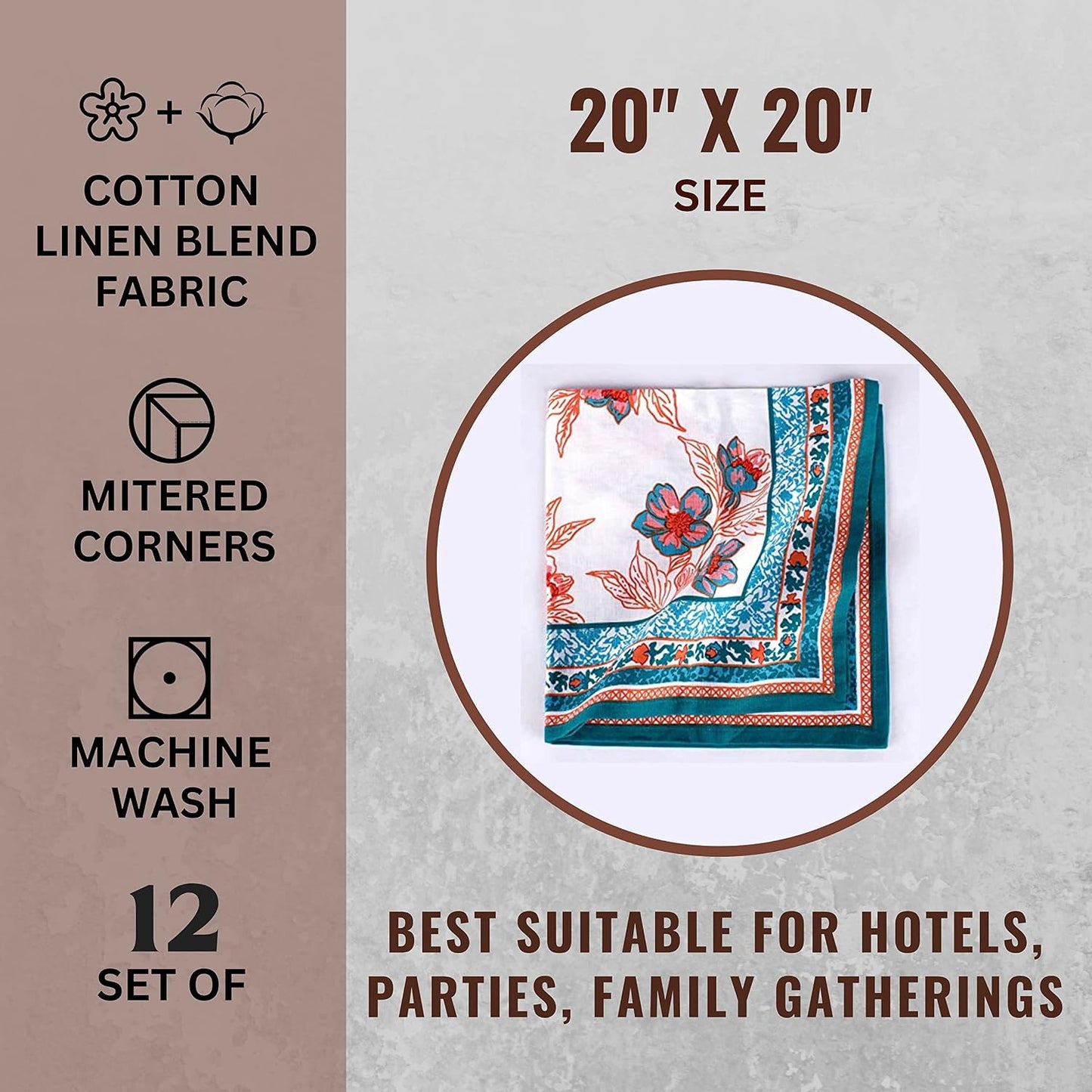 FINGERCRAFT Cloth Napkins Set of 12 Cotton Linen, 20x20 Inch, Garland | Mitered corner, washable, soft, absorbent