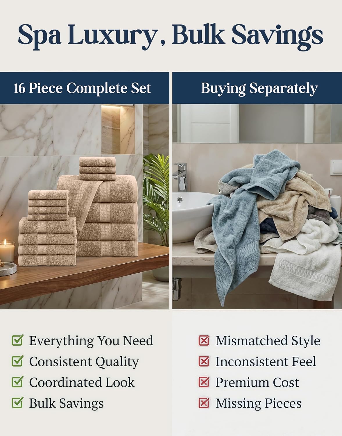 LANE LINEN Towel Set Quick Dry 100% Cotton 16 Piece Soft Absorbent - Taupe | Towels And Washcloths - Ring-Spun