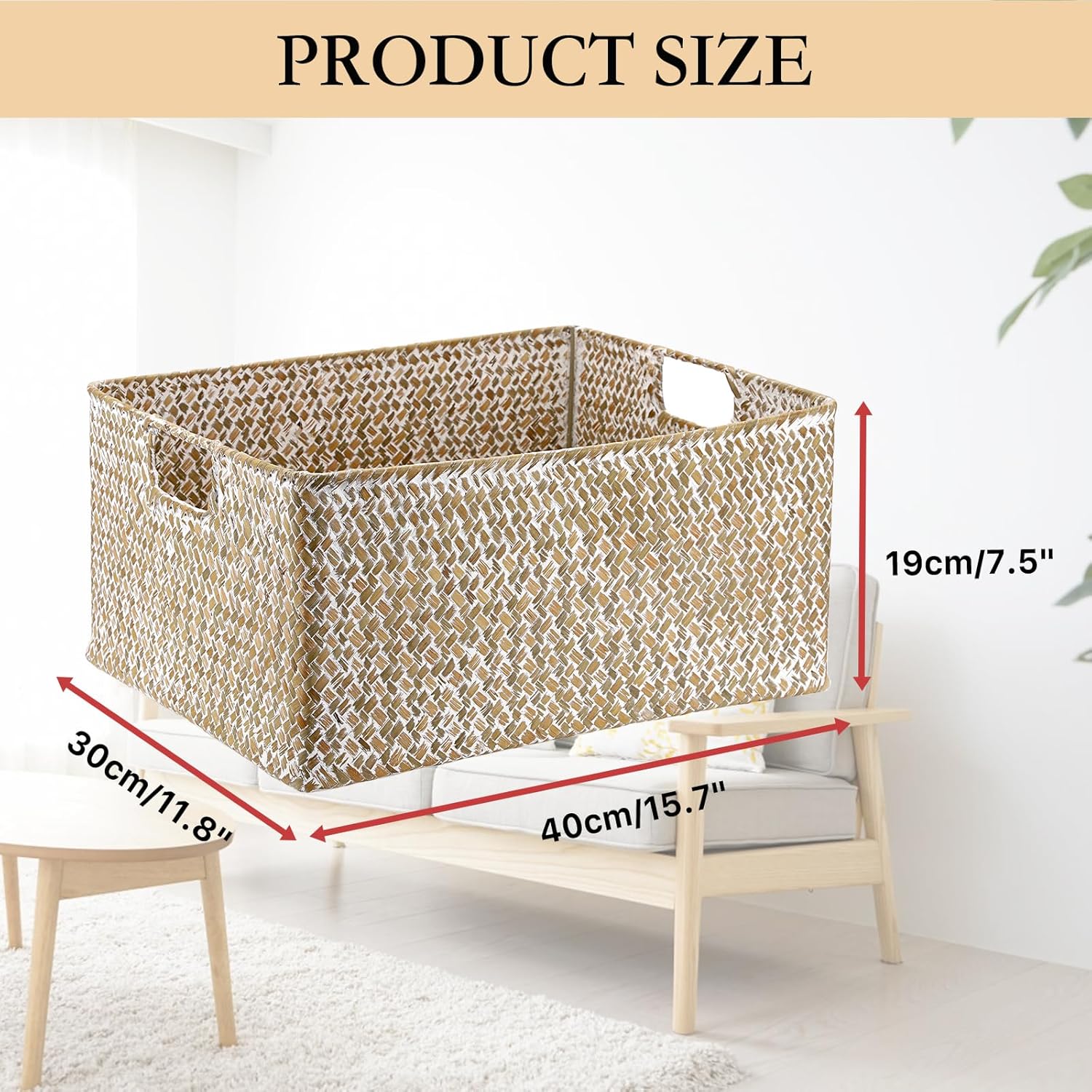 Seagrass Storage Basket Bin Rectangular Handwoven Wicker / 16.1 x 11.8 x 7.7 / Large / Whitewash