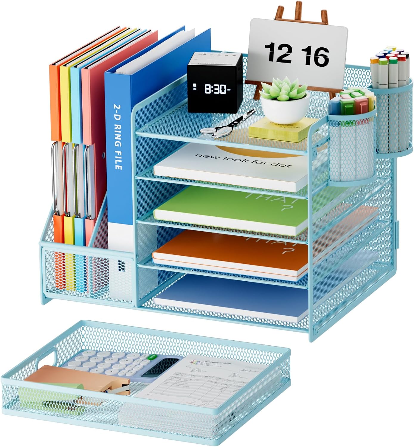 Marbrasse Desk Organizer with File Holder, 5-Tier Paper Letter Tray Organizer with Drawer and 2 Pen Holder, Mesh