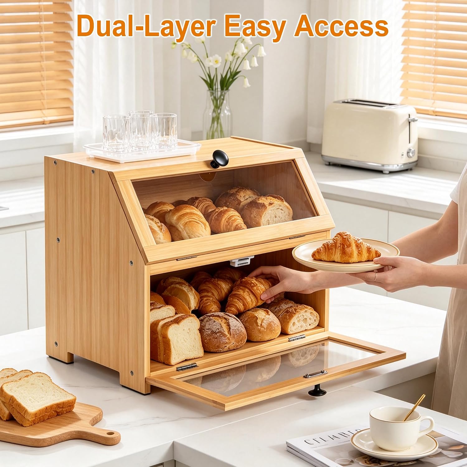 Bamboo Bread Box for Kitchen Countertop, Large Bread Storage Container Bin 2 Layer Breadbox Holder for Kitchen Counter