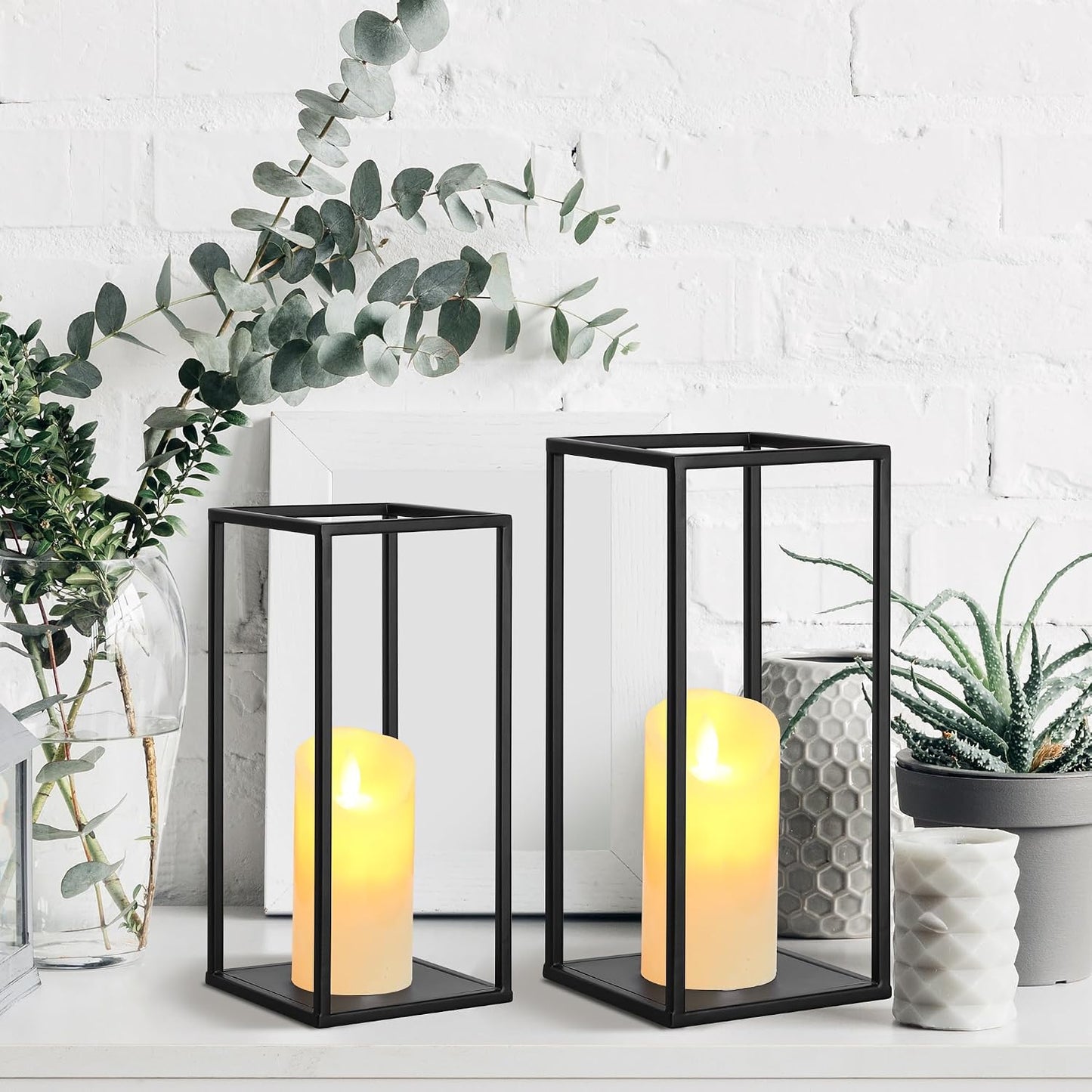 Eufrozy Lanterns Decorative Indoor Set of 2 Black Metal Lantern Candle Holder, Modern Farmhouse Lantern Decor for