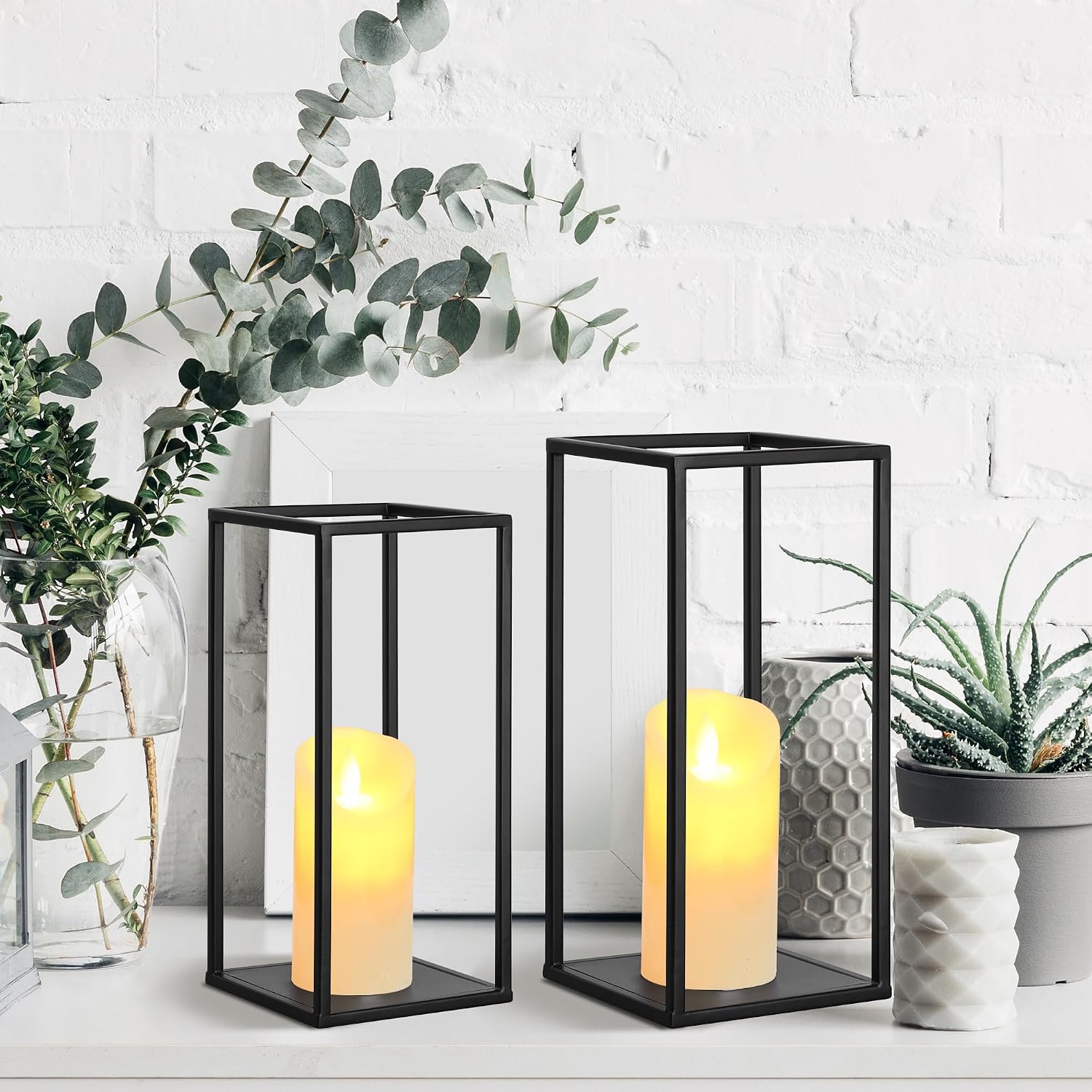 Eufrozy Lanterns Decorative Indoor Set of 2 Black Metal Lantern Candle Holder, Modern Farmhouse Lantern Decor for