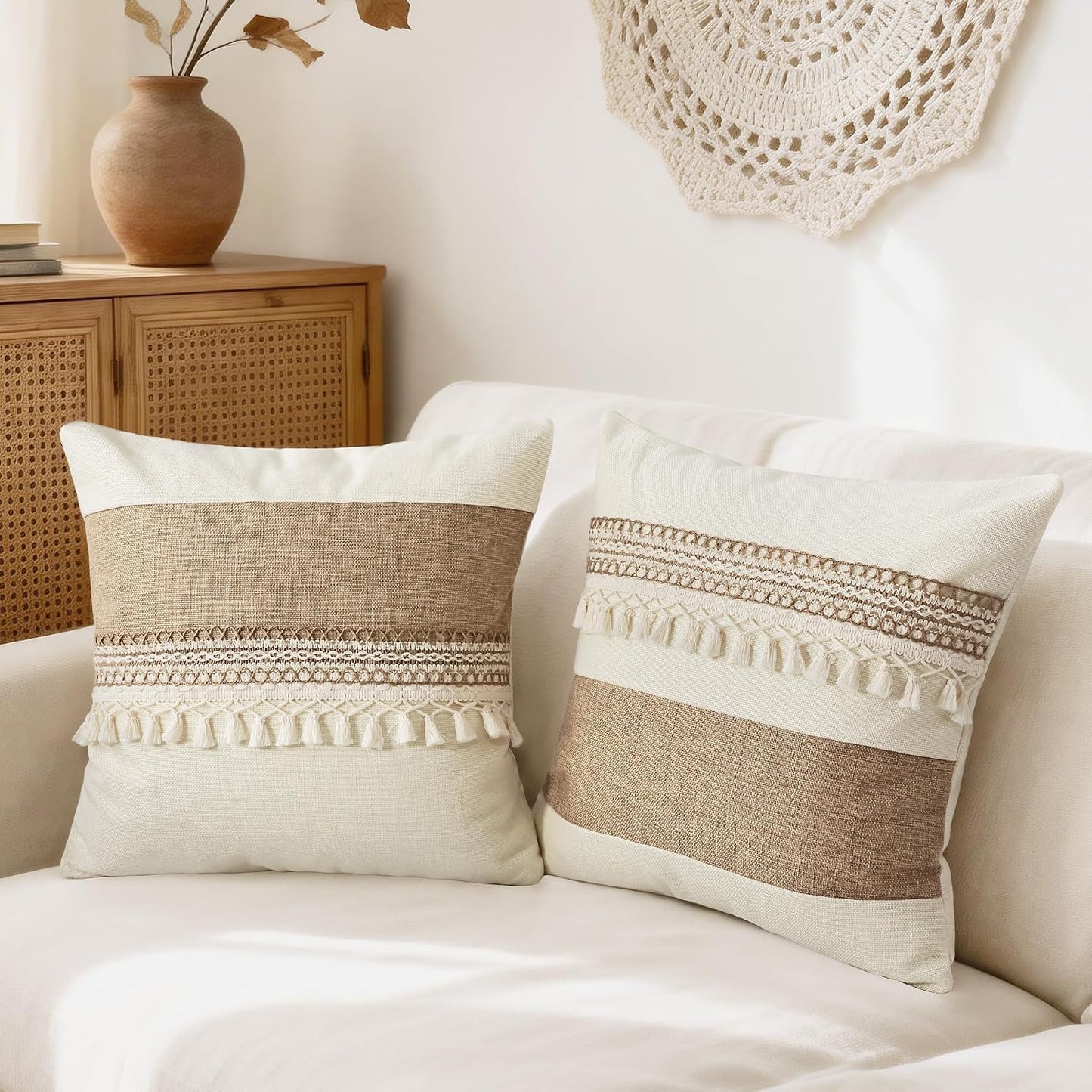 Boho Patchwork Linen Throw Pillow Covers / Beige / 18 x 18 / Set of 2