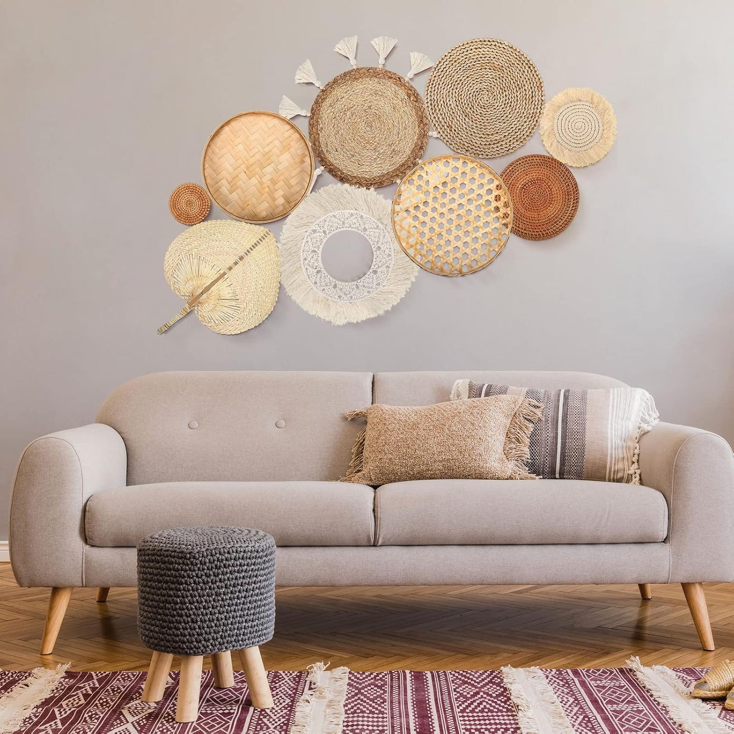 Wall Basket Decor Boho Wall Hanging Decor Rattan Wall Decor Flat Round Wicker Woven / Set of 9