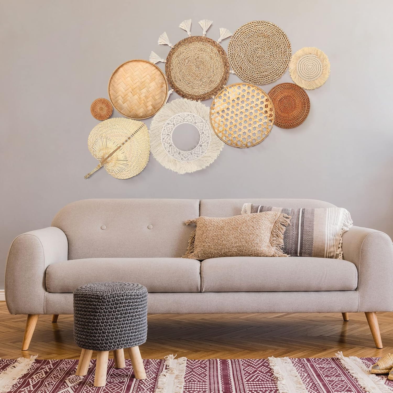 Wall Basket Decor Boho Wall Hanging Decor Rattan Wall Decor Flat Round Wicker Woven / Set of 9