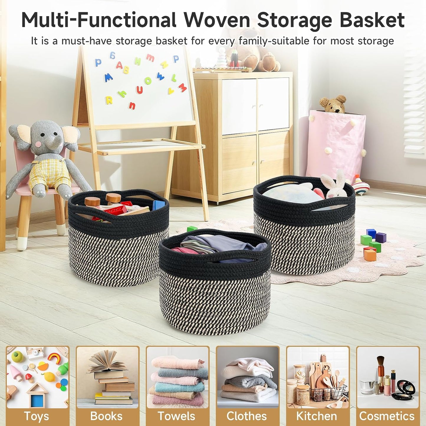 Round Woven Basket / Eight Black / Set of 3
