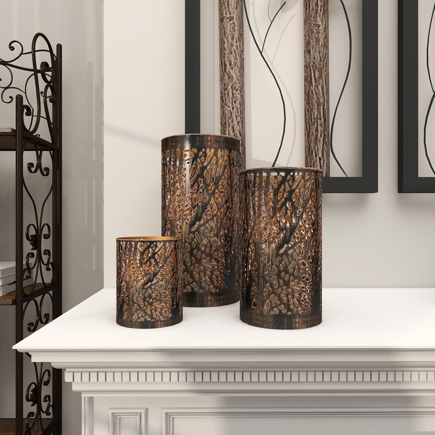 Deco 79 Metal Indoor Outdoor Candle Lantern 12", 9", 5"H, Brushed Bronze | Elevate tabletops, metal candle holder set