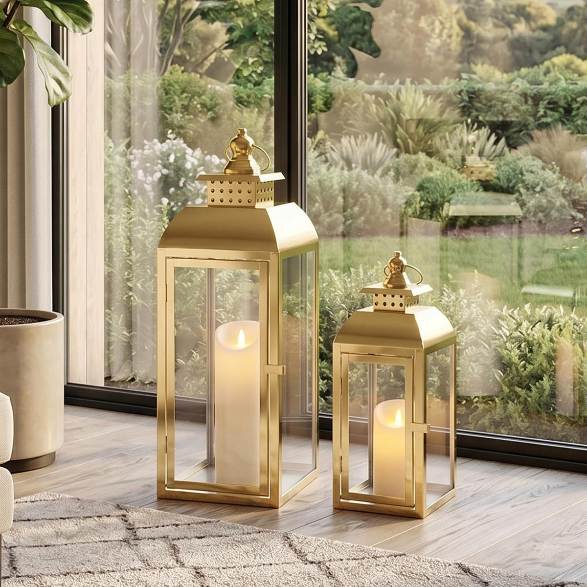 JHY DESIGN Set of 2 Stainless Steel Decorative Candle Lanterns 20.5"&15" High Metal Candle Lanterns for Indoor Outdoor