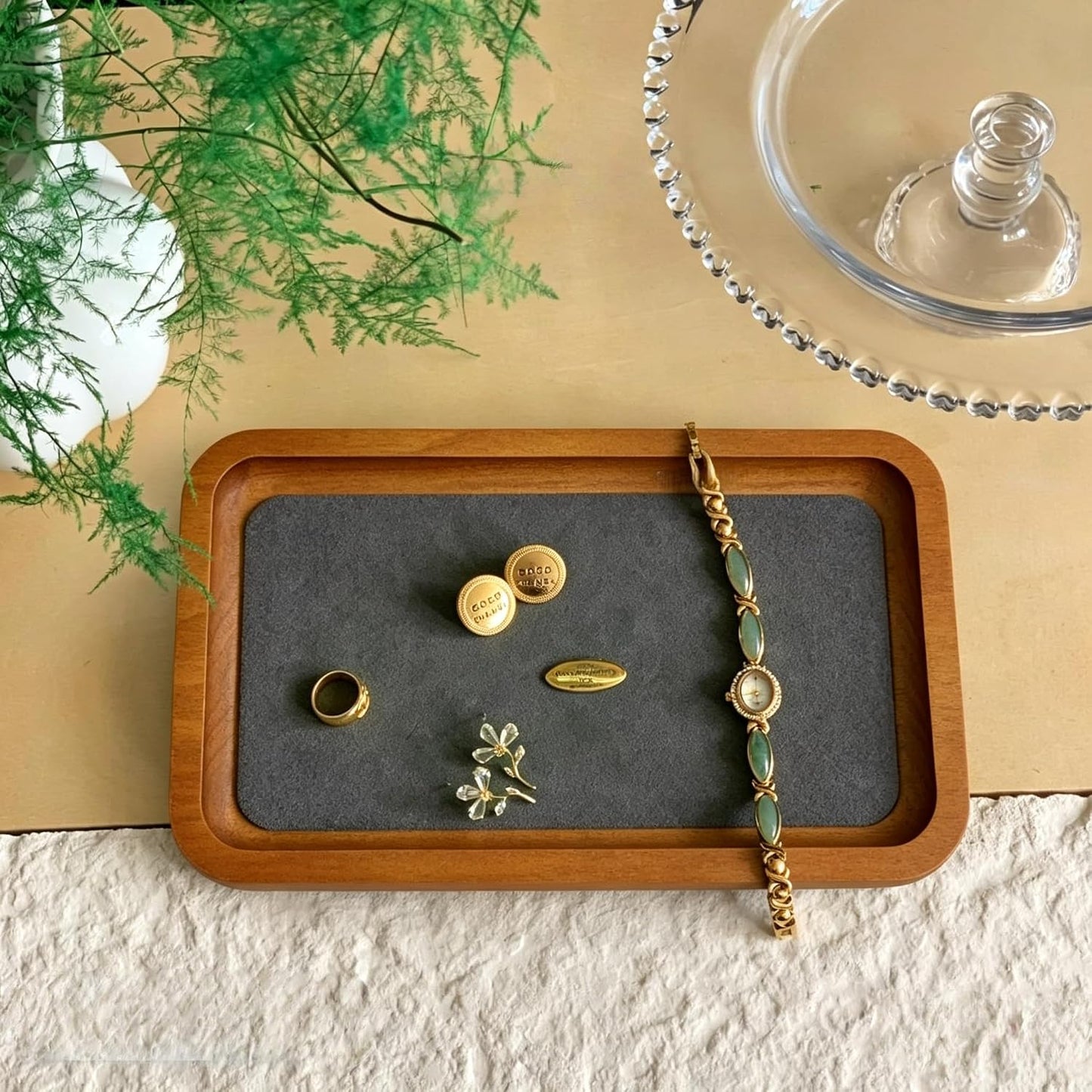 Wooden Jewelry Display Tray Rounded Rectangle Ring Showcase / Gray / Medium-w 3.9'' x H 0.6'' x L 7
