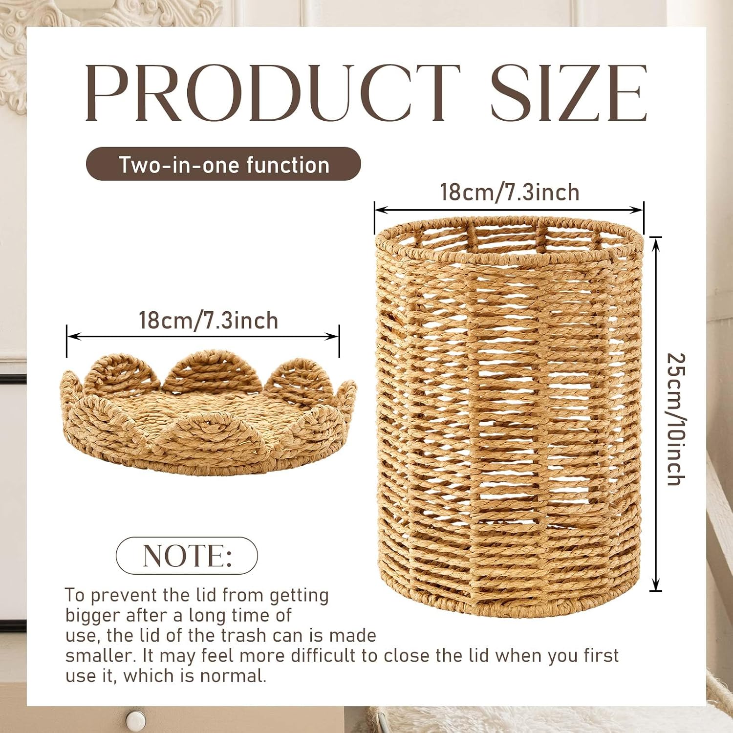 Lid Handle Woven Wicker Rattan Bathroom Waste Basket Boho / Scalloped Style / Natural / 1.3 Gallons