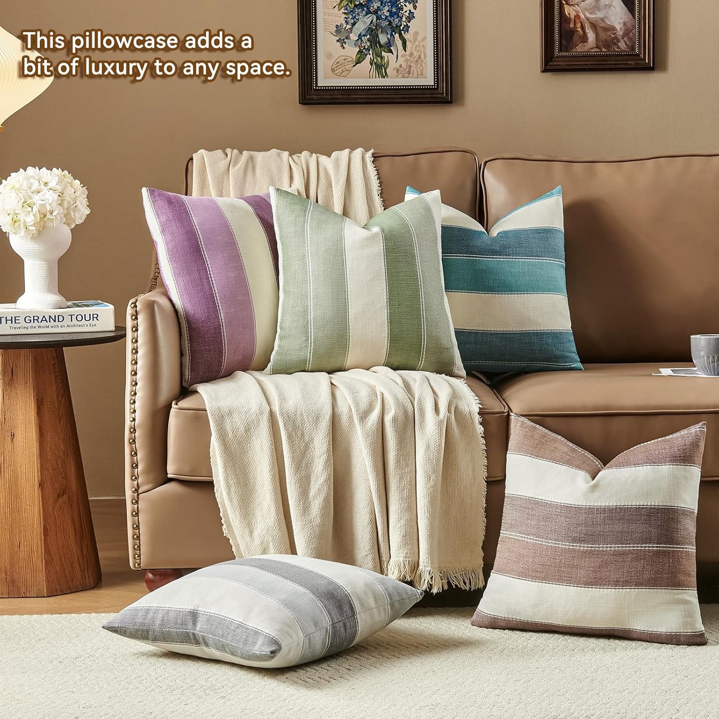 Farmhouse Stripe Check Throw Pillow Covers Set Case Cotton Linen / 18 x 18 / Brown / Set of 2