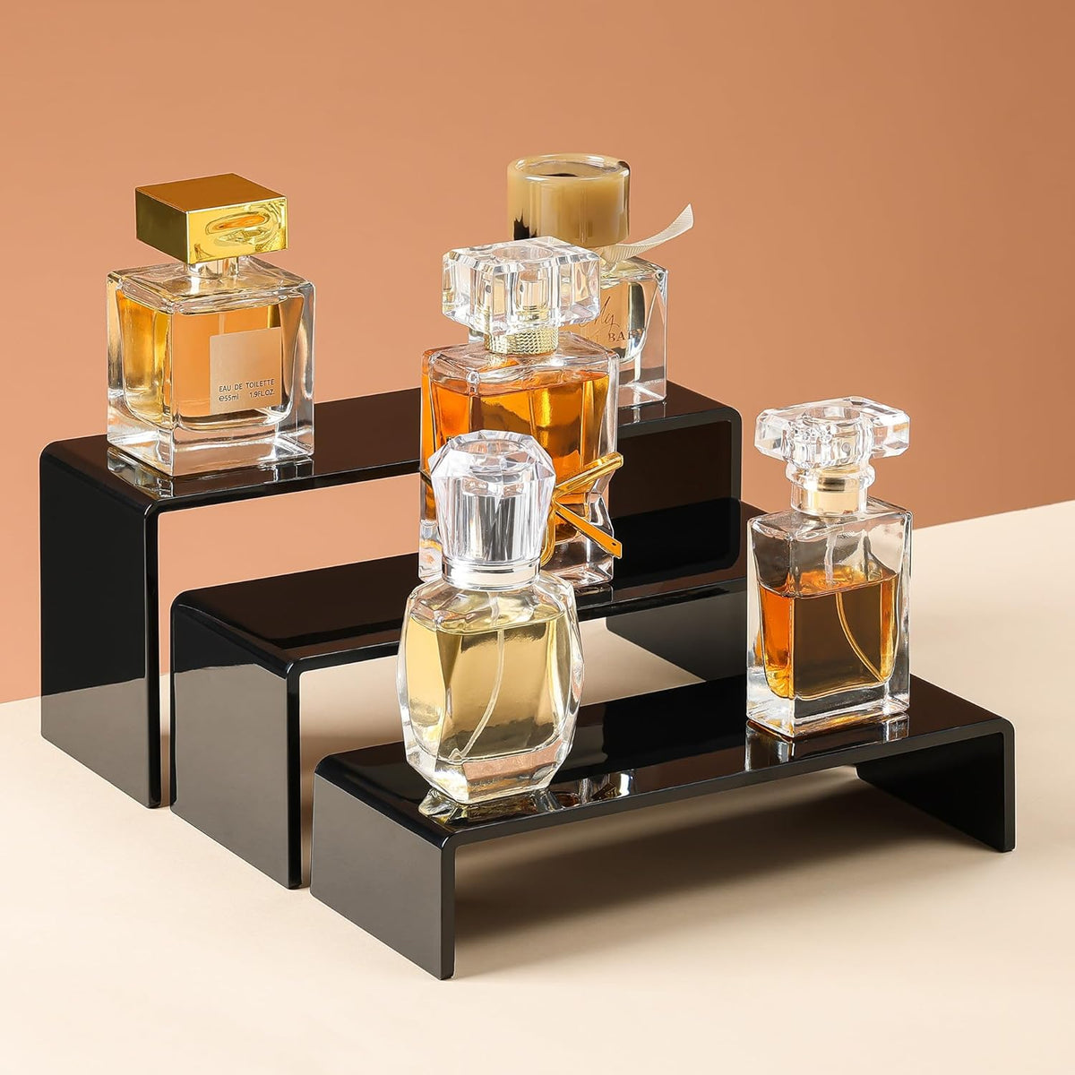 6 Pcs Acrylic Display Risers, 2 Set(7.9”L, 8.3”L, 8.7”L), Black | Rectangular Display Stands, Acrylic Display Shelves