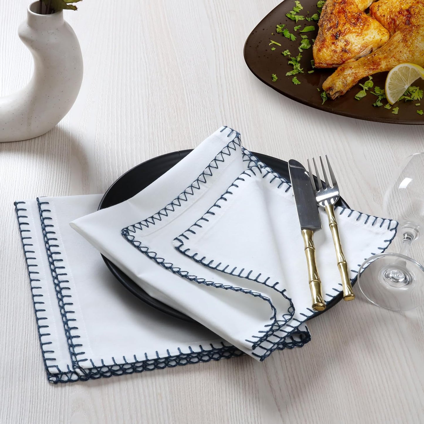 Bedding Craft Cotton Cloth Dinner Napkins Set of 12 – 18x18 Magical Forest Reusable Fabric Napkins with Blanket Stitch