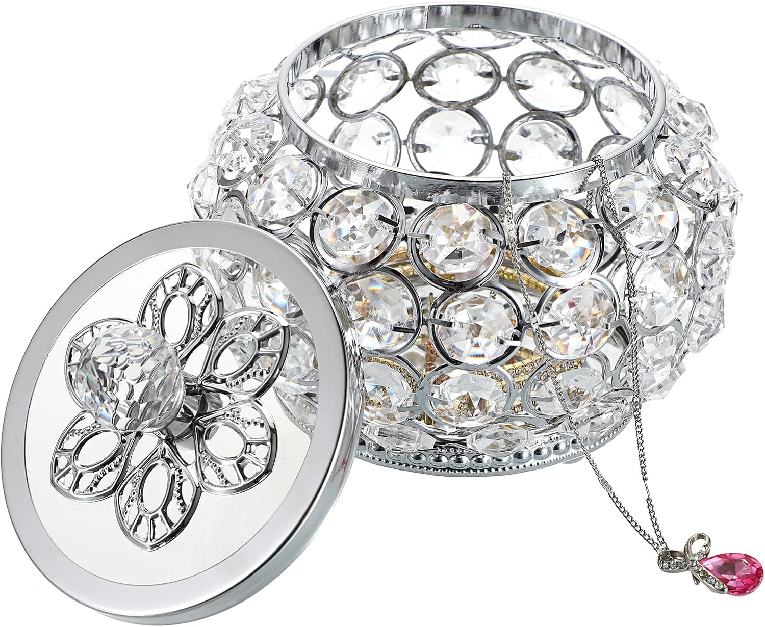 Glass Lid Trinket Organizer Mirrored Treasure Box Ring Holder Earrings Necklace / Small / Silver