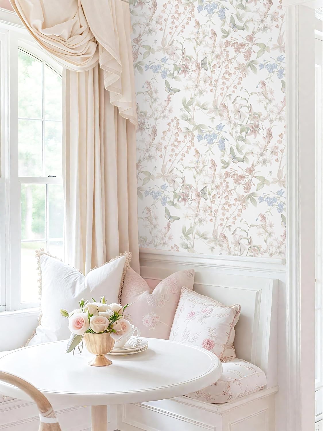 Floral Wallpaper Pink Peel and Stick Wallpaper White Boho Contact Paper / Flutter Pink / 17.3 x 197