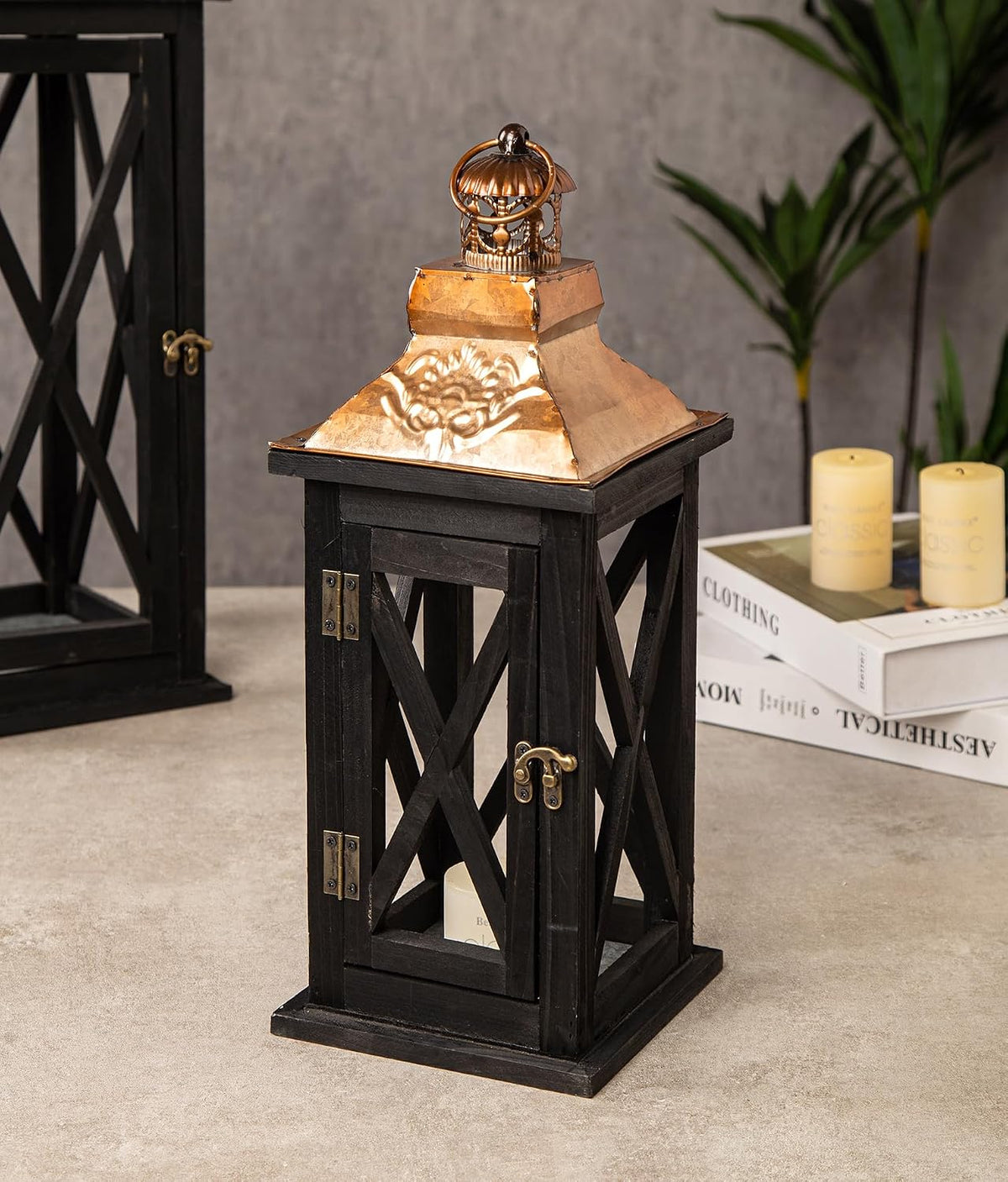 Large Farmhouse Wooden Lanterns with Metal Top, Decorative Floor Lanterns Set of 2, Black Frame with Rustic Gold
