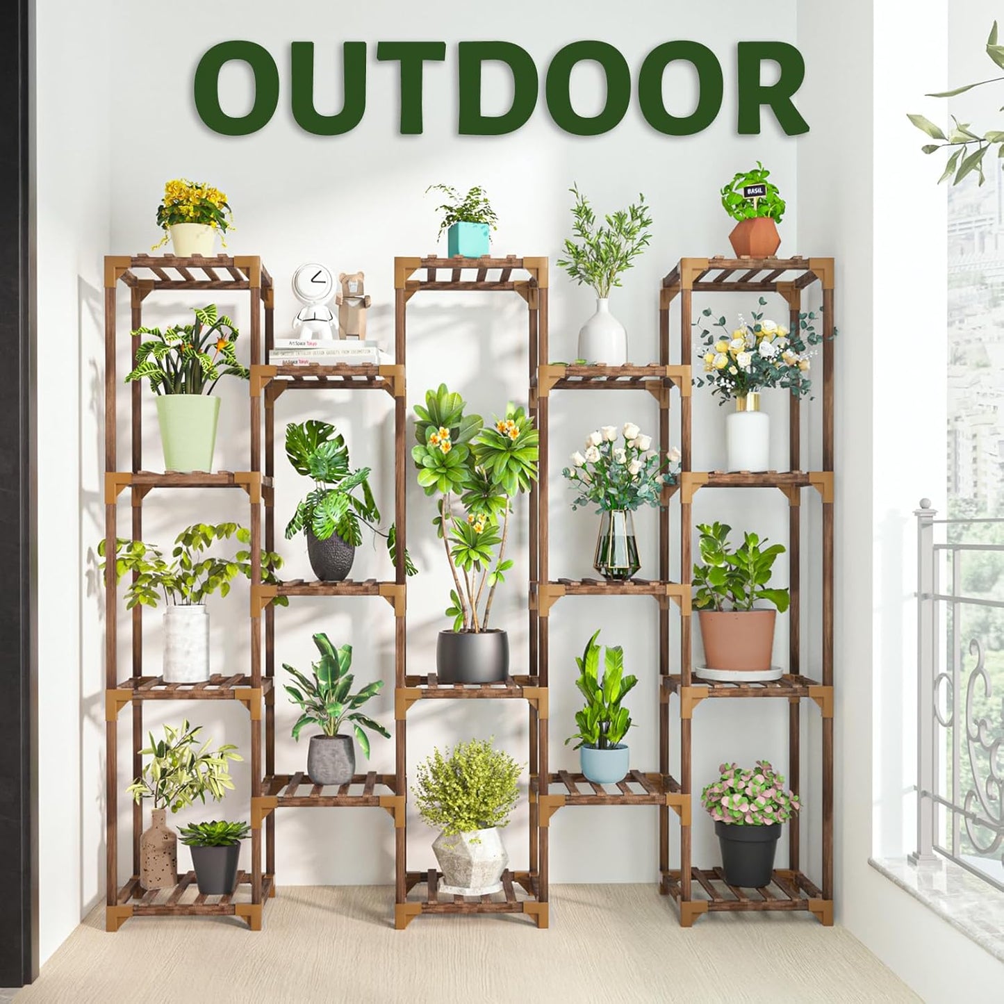 Plant Stand Indoor Outdoor, 17 Tiered Plant Shelf Wood Plant Rack | Tall Plant Holder for Multiple Plants, Large Ladder