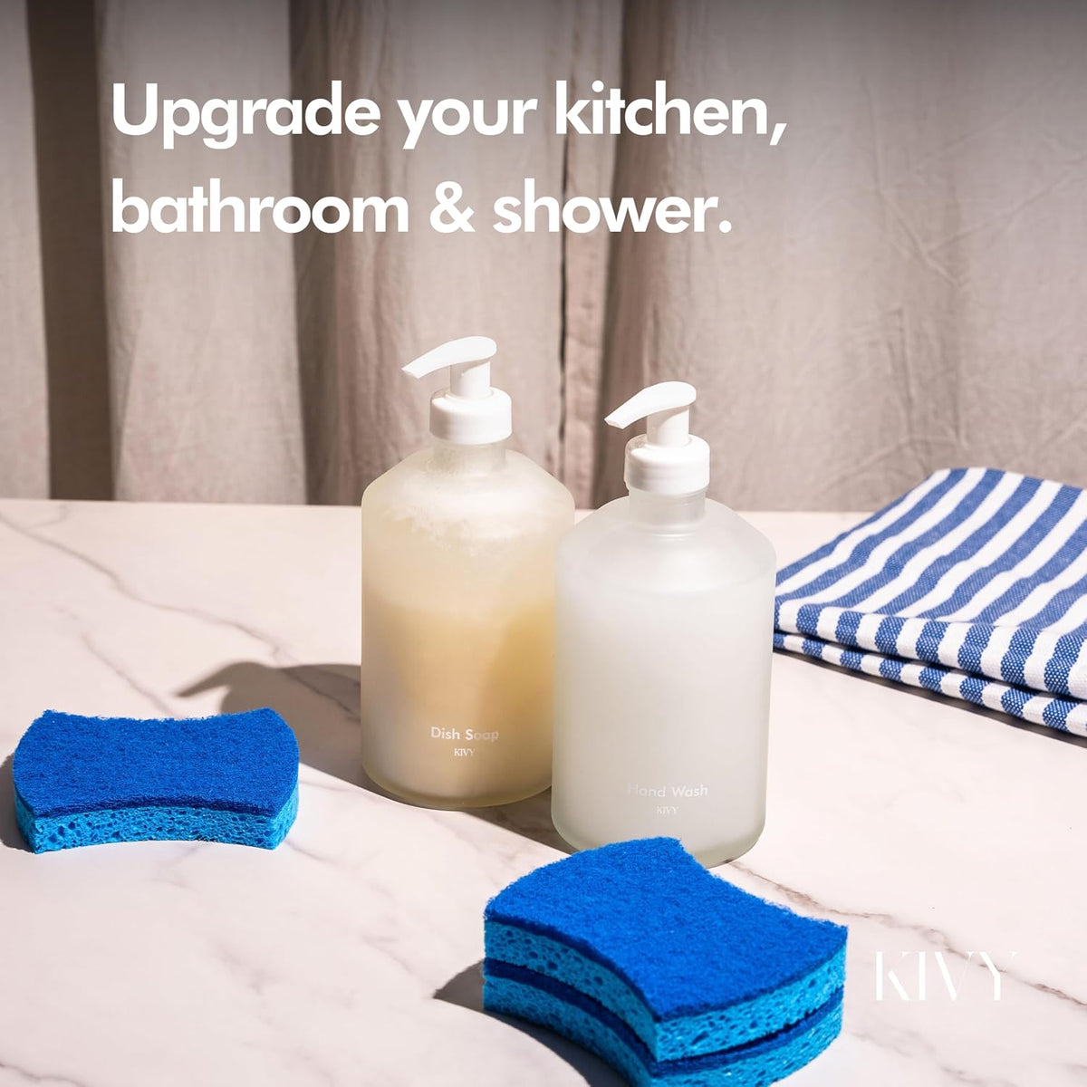 KIVY Glass Soap Dispenser Set [INCL. Waterproof Labels] - Glass Soap Dispenser with Pump - Hand Soap and Dish Soap Set