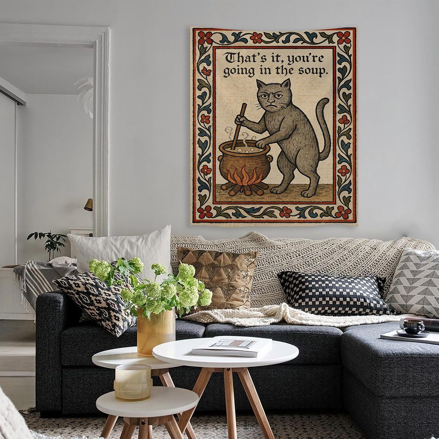 Weird Medieval Cat Woven Tapestry Vintage Medieval Cat Aesthetic / Tapestries / White / 60"L x 40"W