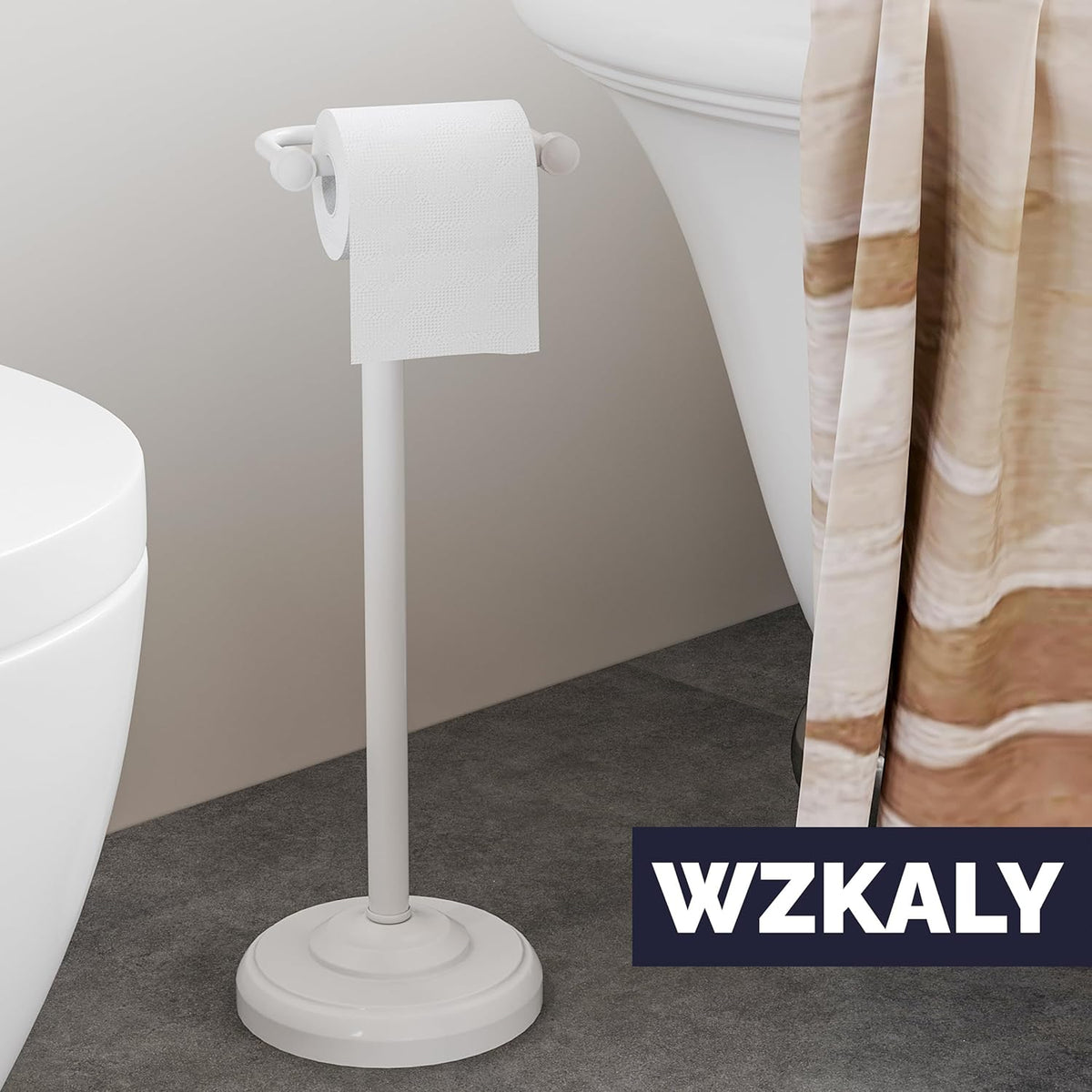 White Toilet Paper Holder Stand Stainless Steel & Weighted Base | Post Pivoting Design Easy to Change Roll, Mega Roll