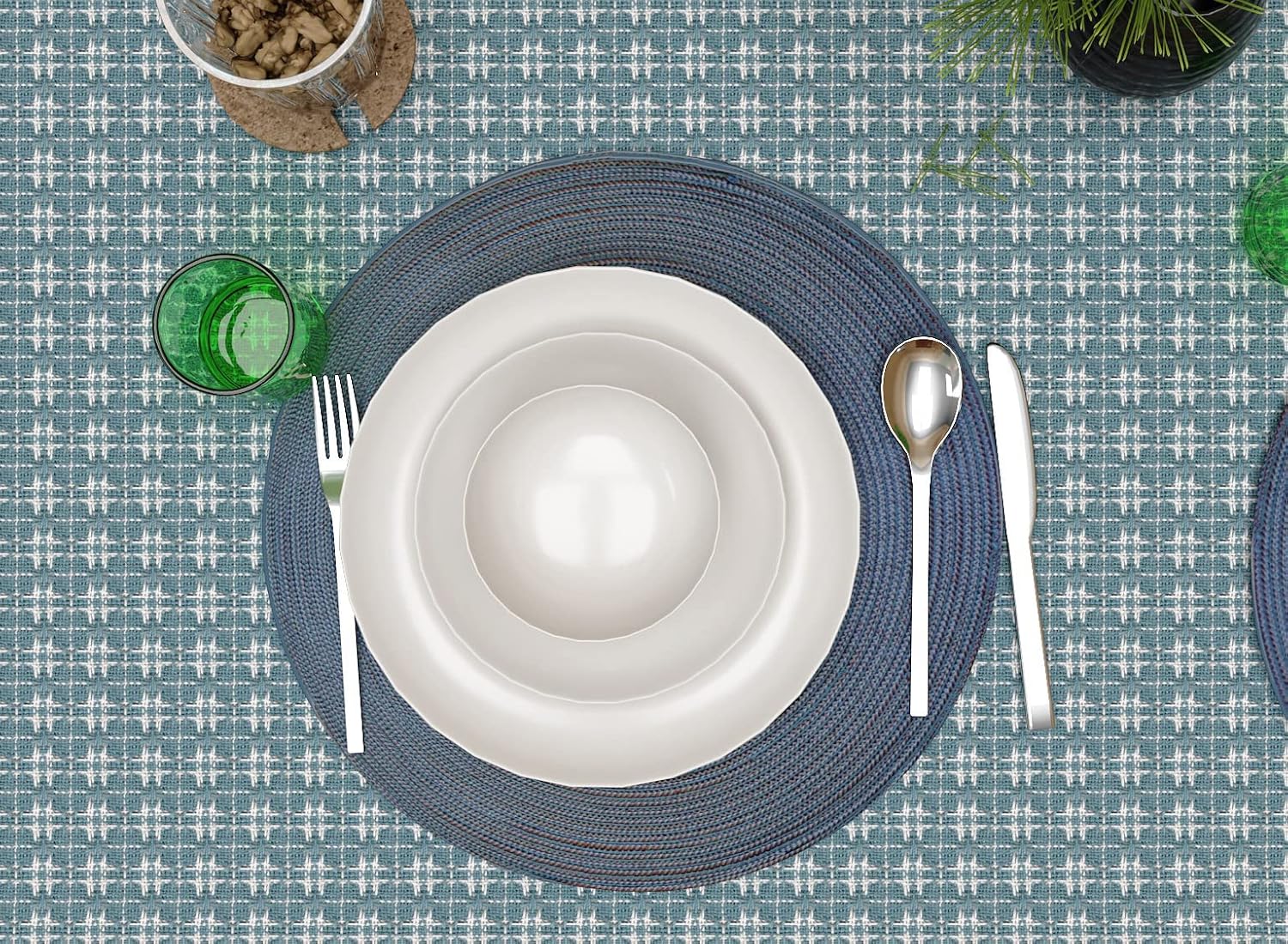 Table Cloth, Wedgewood Blue/White Woven Fringed, 100% Cotton Table Cover, Size 60x102 Inch, Suitable for Formal Dining