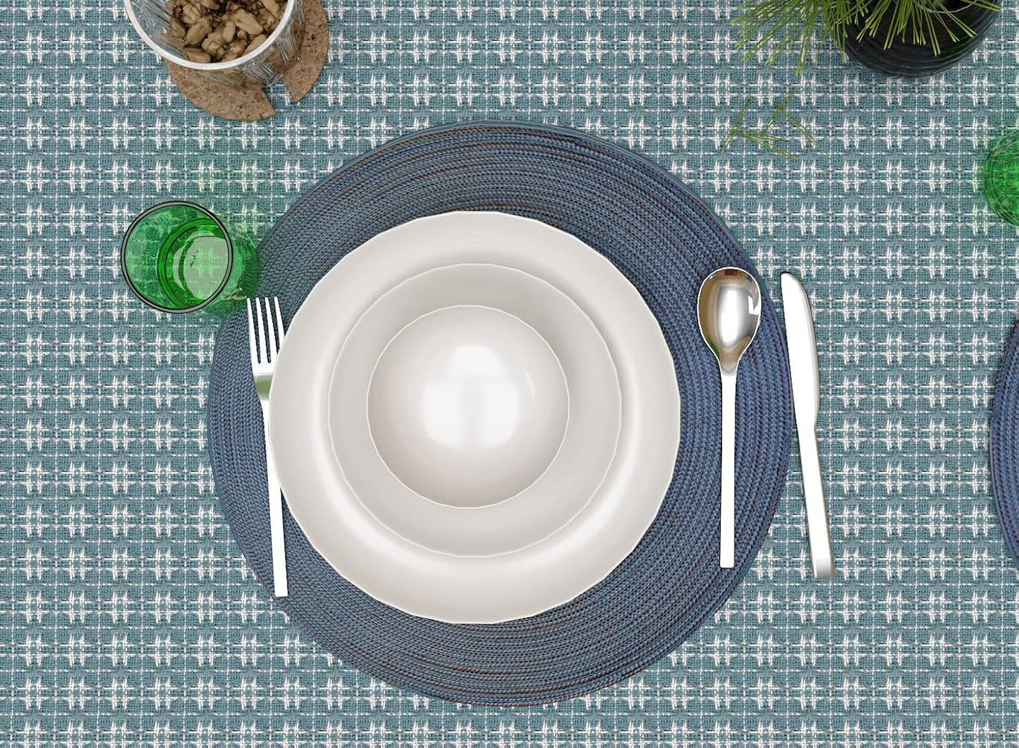 Table Cloth, Wedgewood Blue/White Woven Fringed, 100% Cotton Table Cover, Size 60x84 Inch, Suitable for Formal Dining