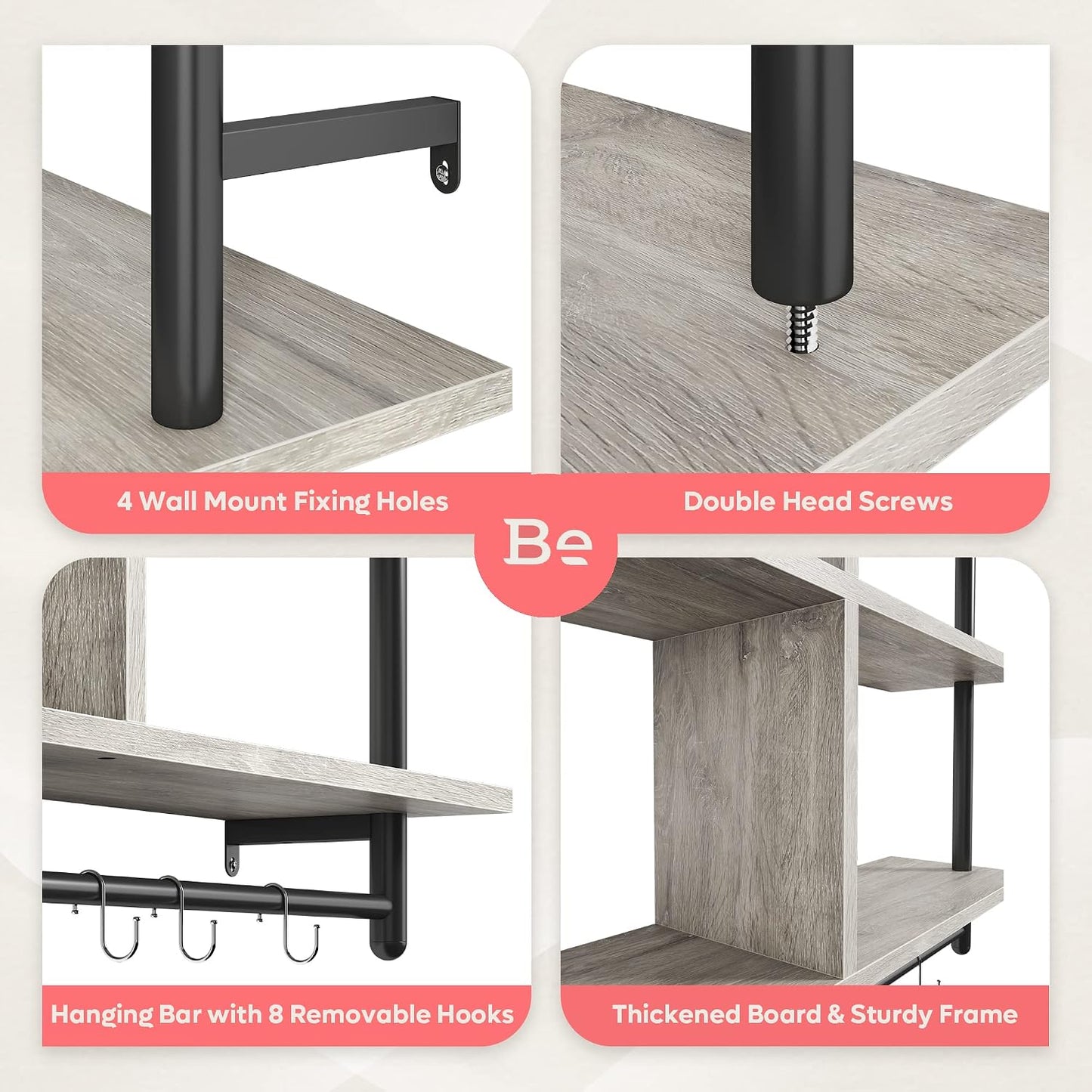 Bestier 41" Floating Kitchen Shelves Wall Mounted 3 Tier Coffee Bar Mug Shelf Hanging with 8 Hooks Display Plant Pipe