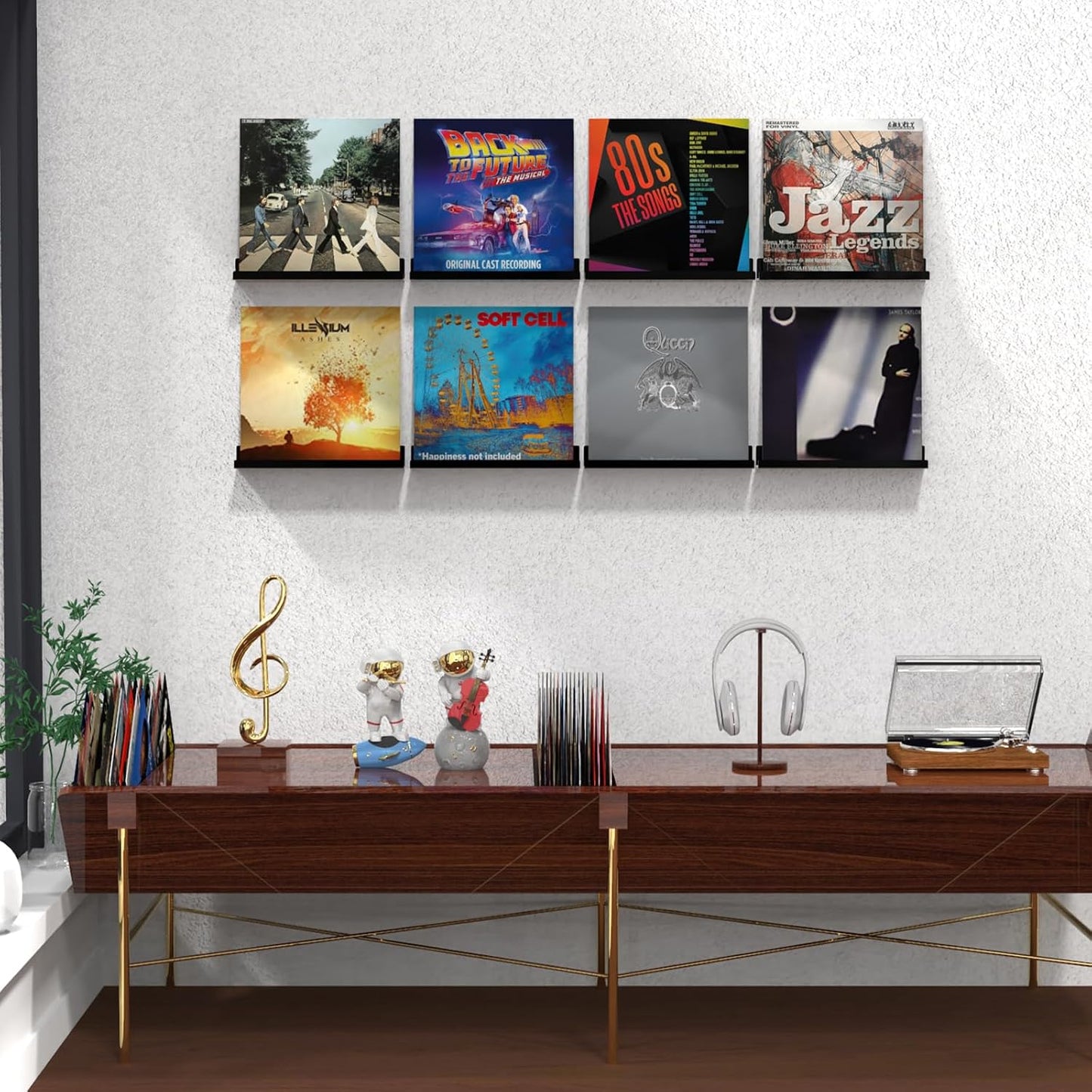 ILYXY Acrylic Vinyl Record Holder Wall Mount – 8 Pack 12-Inch Floating Vinyl Shelves, Black Record Display Frames for