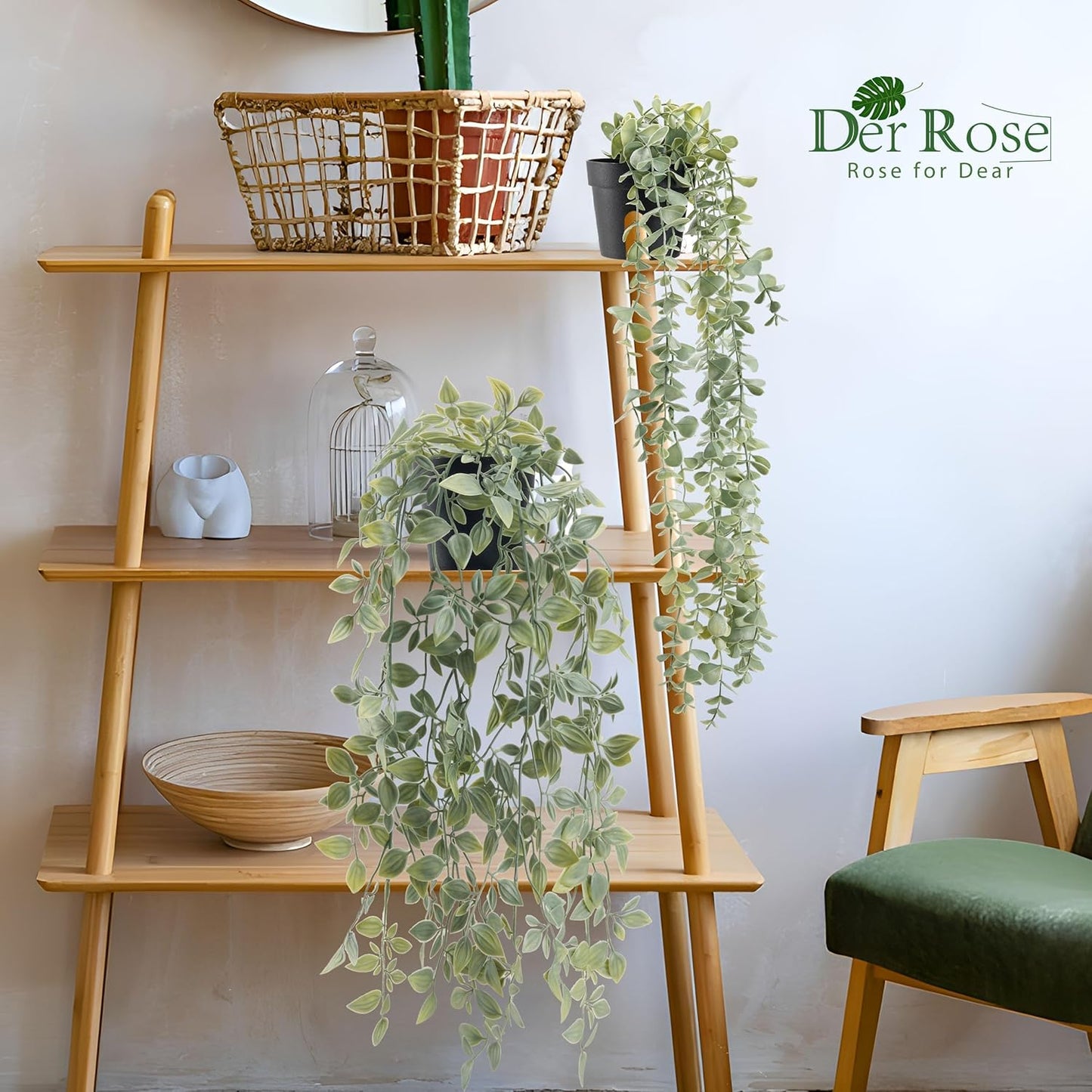 Fake Plants Hanging Artificial Decor Faux Potted Eucalyptus and Pea Pod / Gray Green / Set of 2