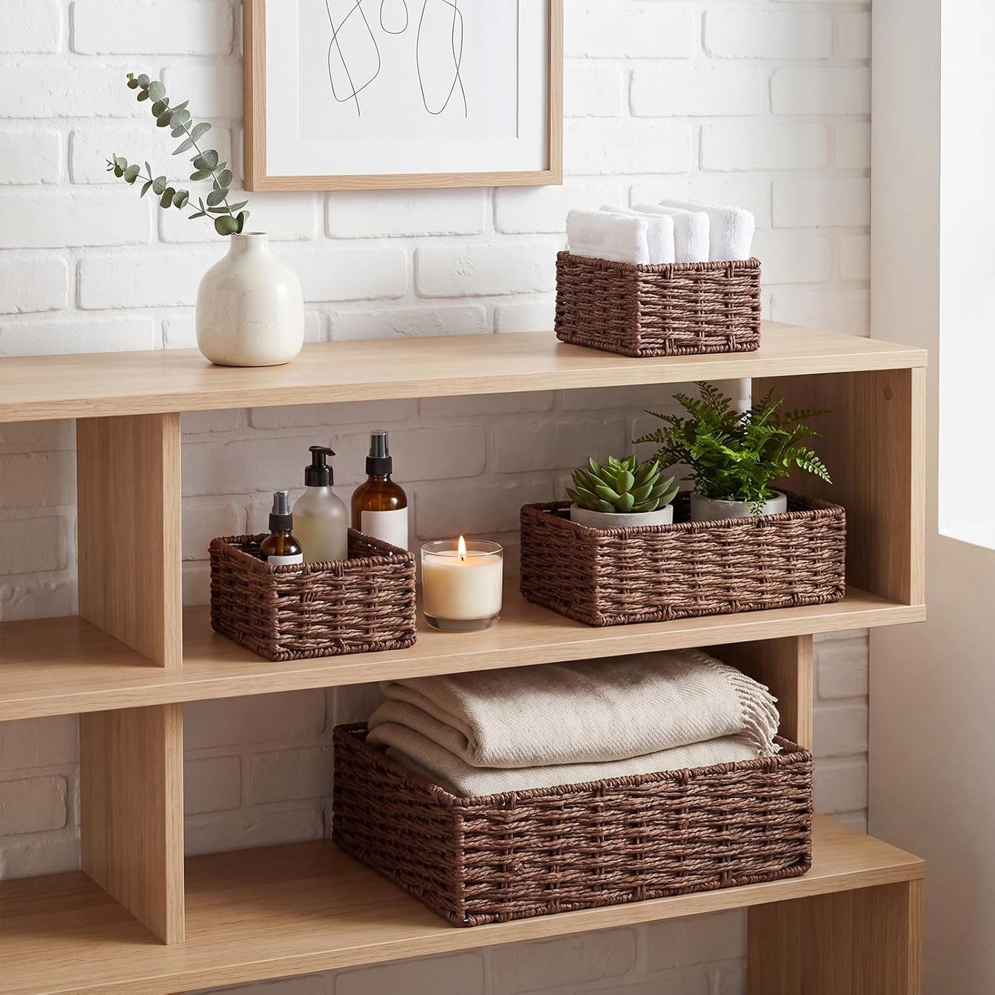 Bathroom Woven Basket Organizer Rustic Bathroom Decor Storage / Brown / Paper Rope / Set of 4
