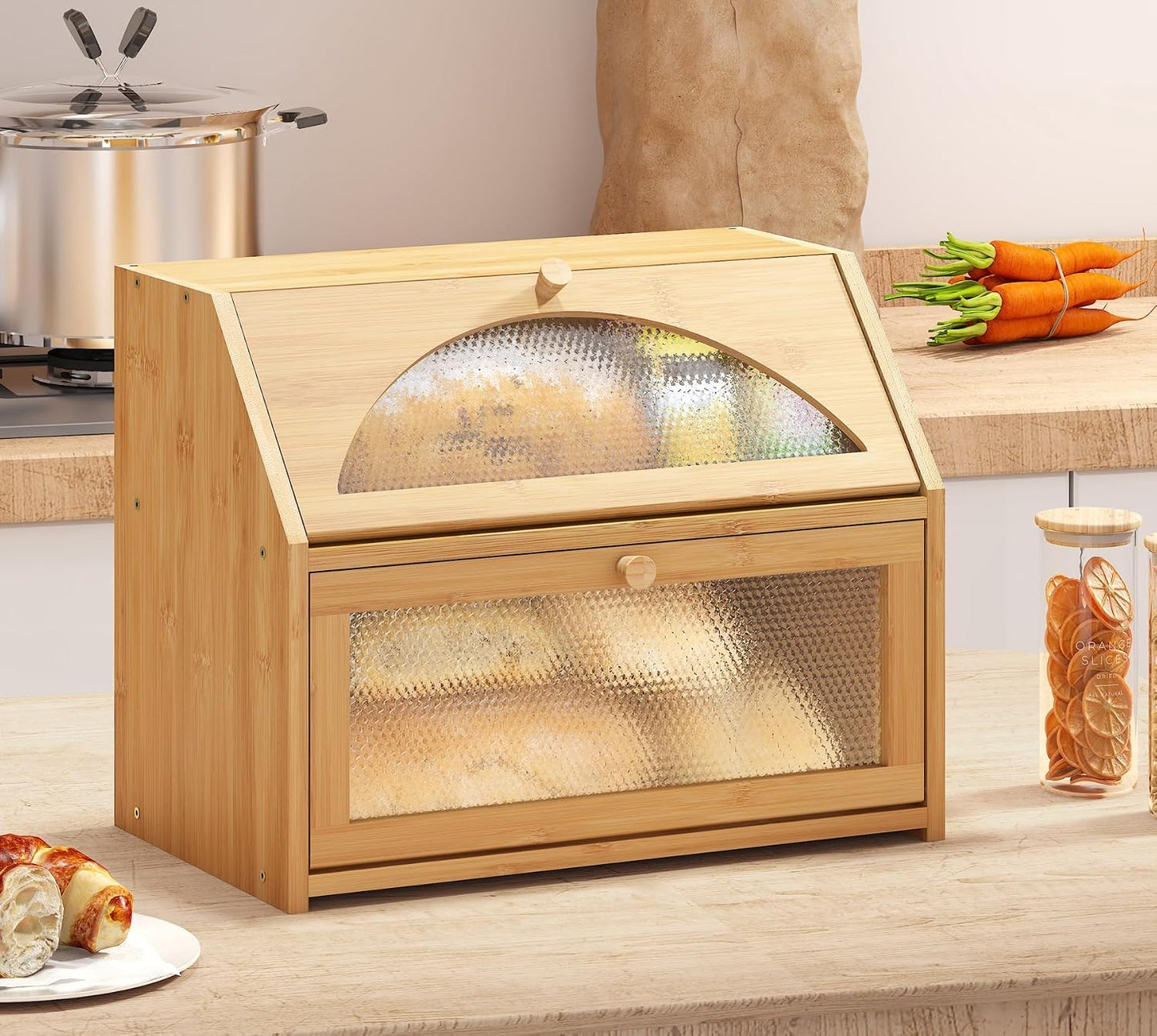 Bread Box, Bamboo Wood Bread Box for Kitchen Counter, Double-layer Bread Storage Bin, Acrylic glass with Diamond
