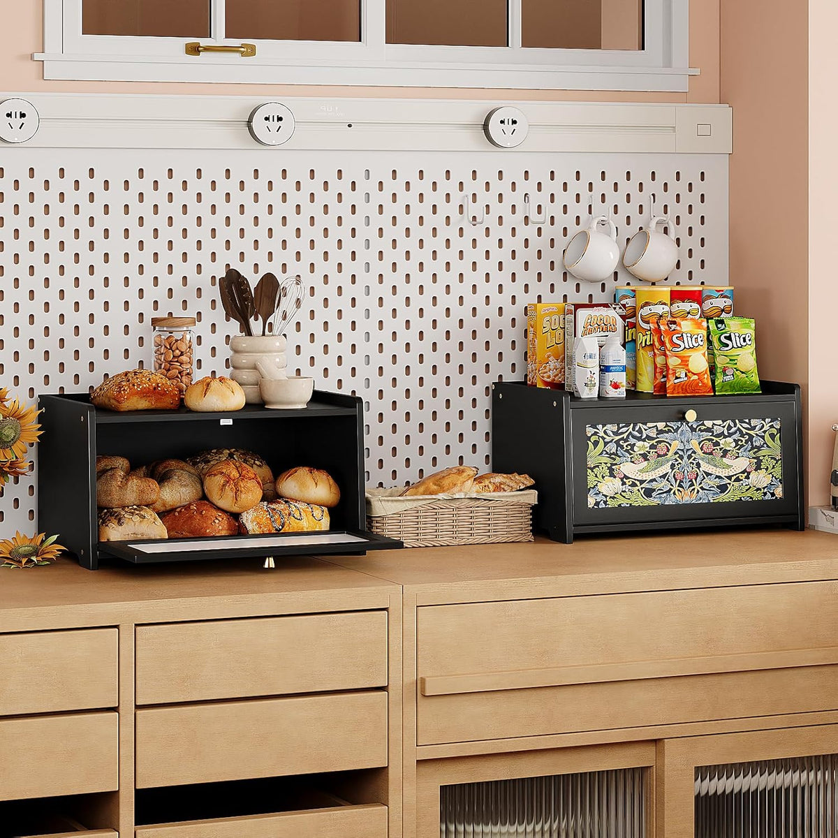 Trironsun Bread Box for Kitchen Counter Black Bread Storage Container with Acrylic Door William Morris Flower Bird