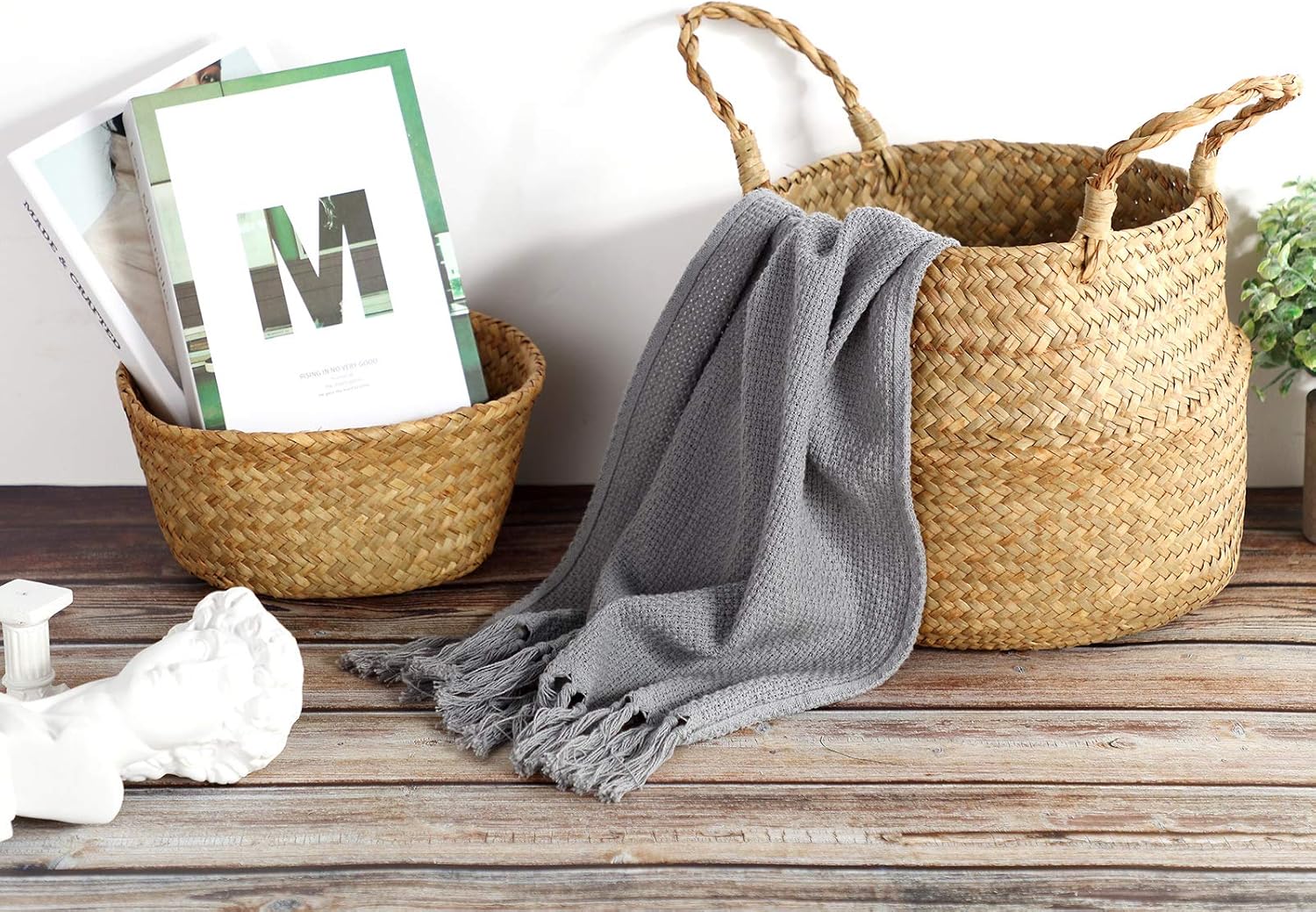 Seagrass Belly Storage Basket Woven Plant Pot Holder / Natural Color / Set of 3