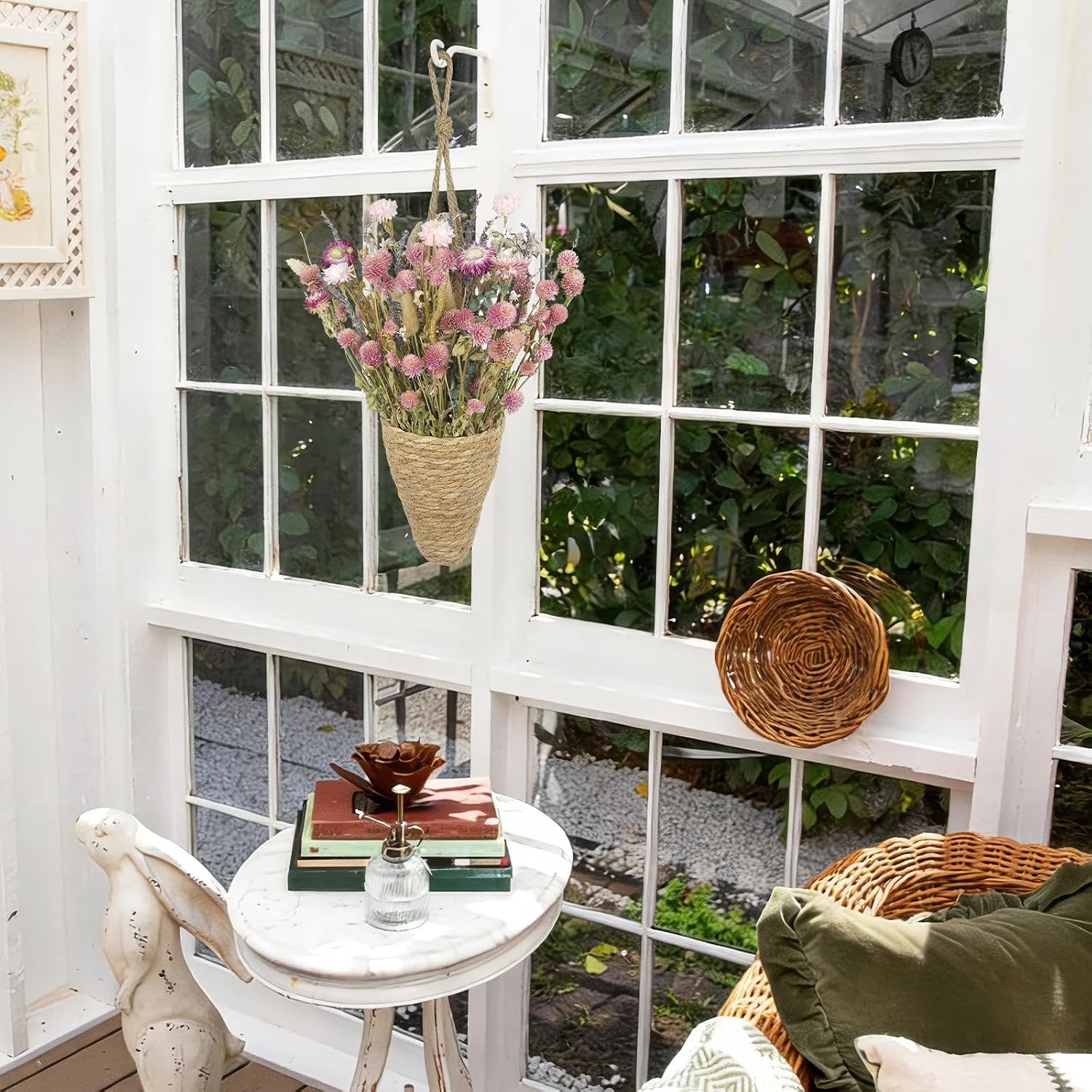 Front Door Basket Wreath Dried Flower Bouquet in Hanging Wicker Basket Lavender Eucalyptus / Natural