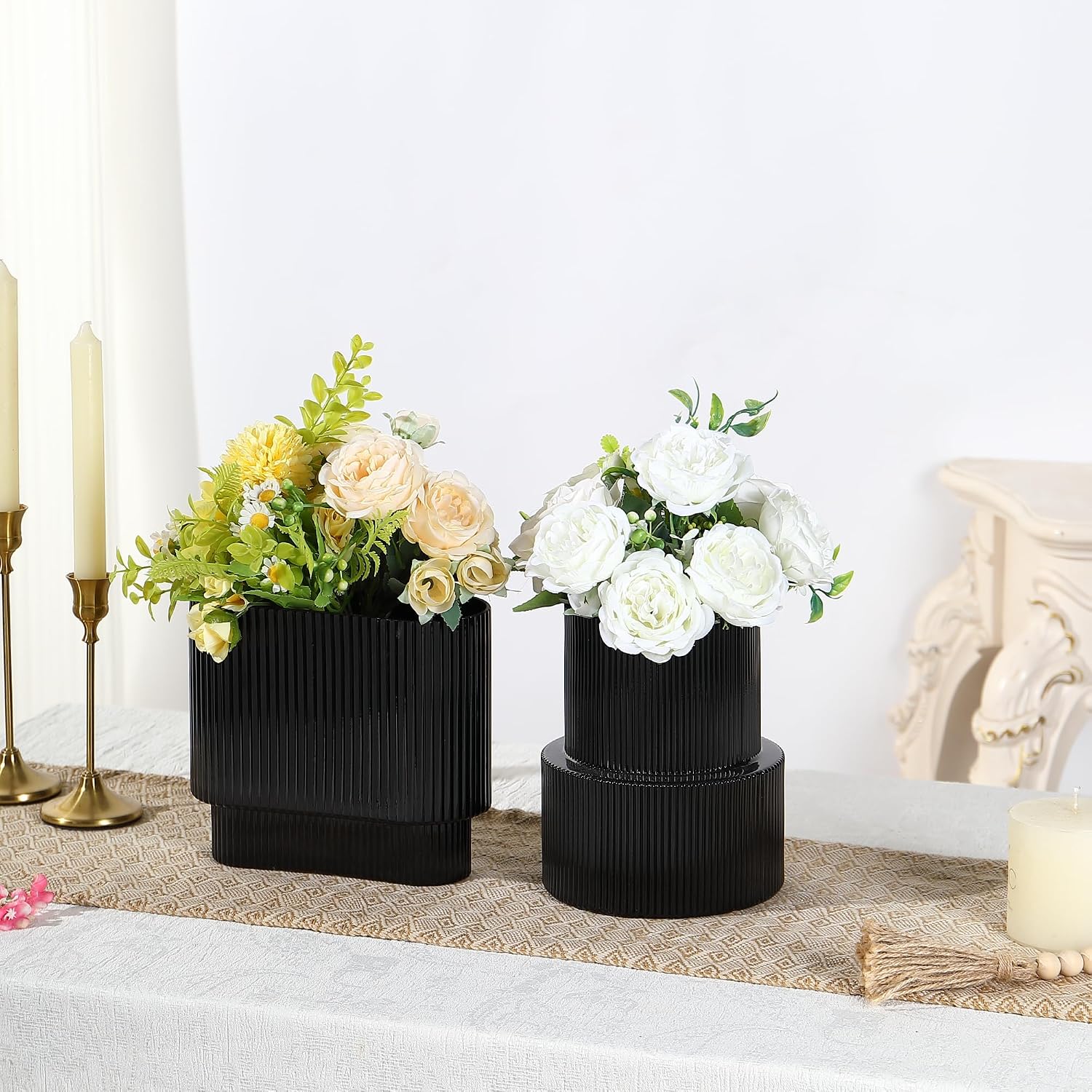 Glass Vases / Modern Vase for Tulips / Black / Ribbed + Oval / Set of 2