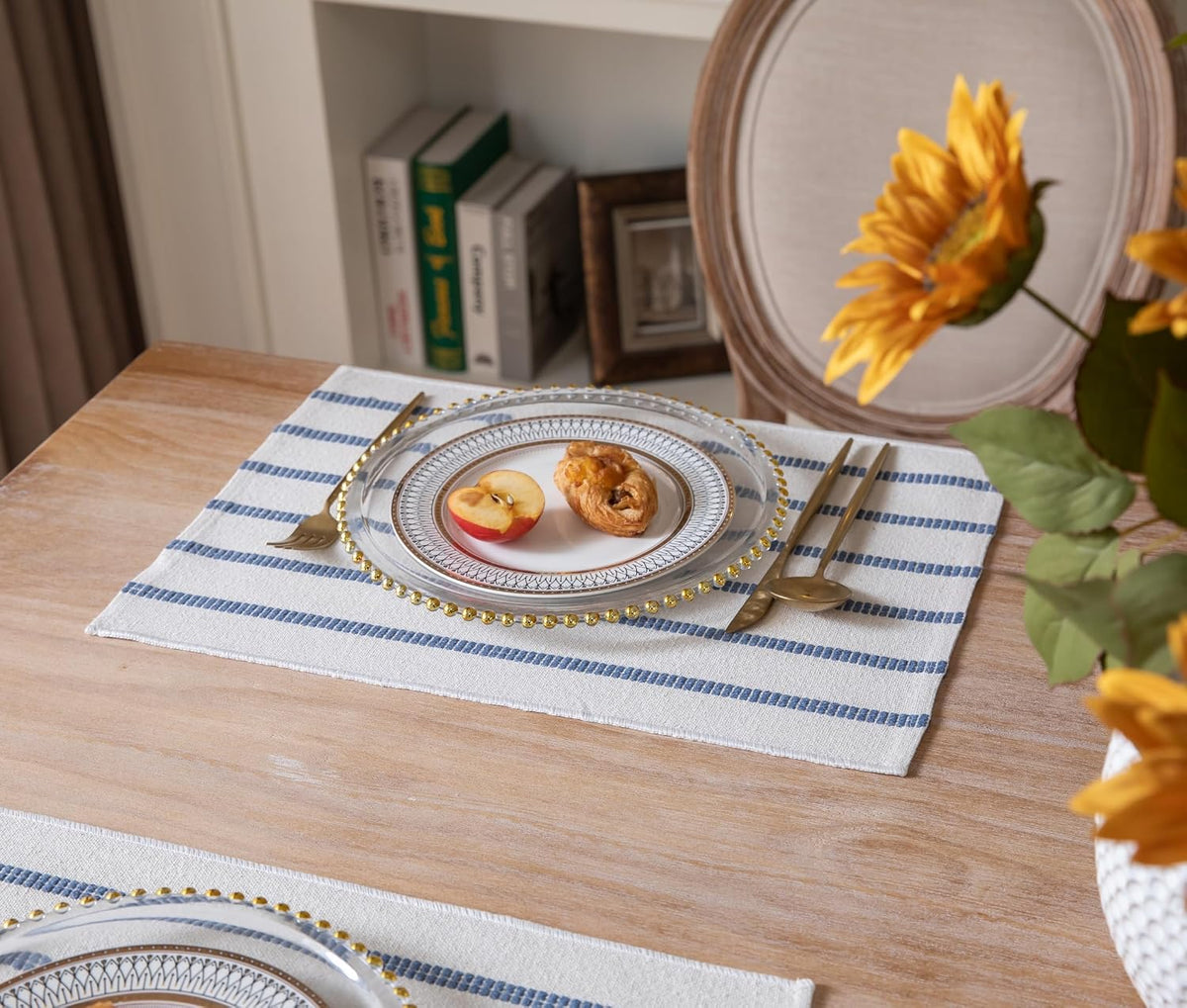 Caflife Boho Farmhouse Placemats Set of 6, Blue Stripes Cotton Linen Woven Table Mats for Modern Dining Table, 13x19