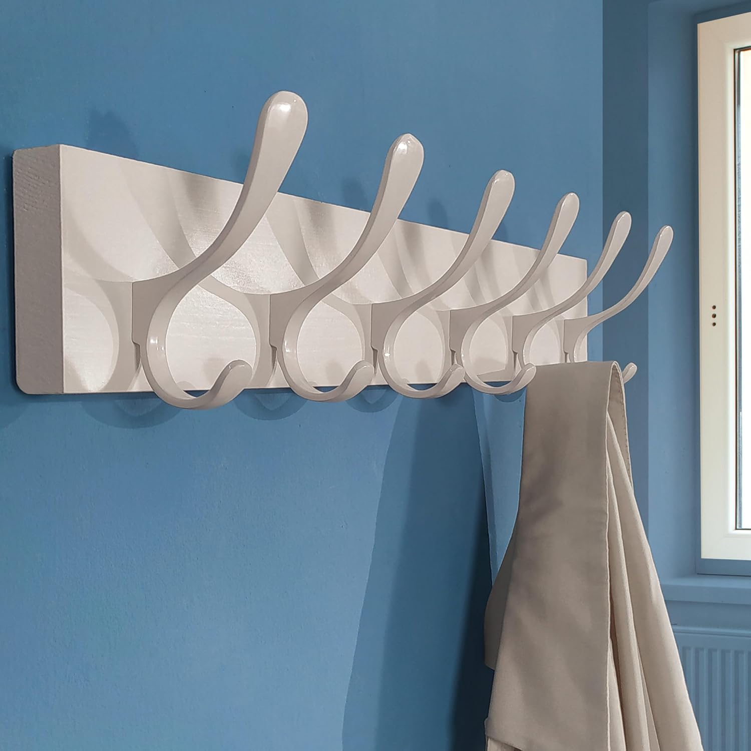 SKOLOO Wall Mount Coat Rack - White Wooden Wall Coat Hooks, Pack of 2, 6 Hooks for Coats, Hats, Clothing, Scarves