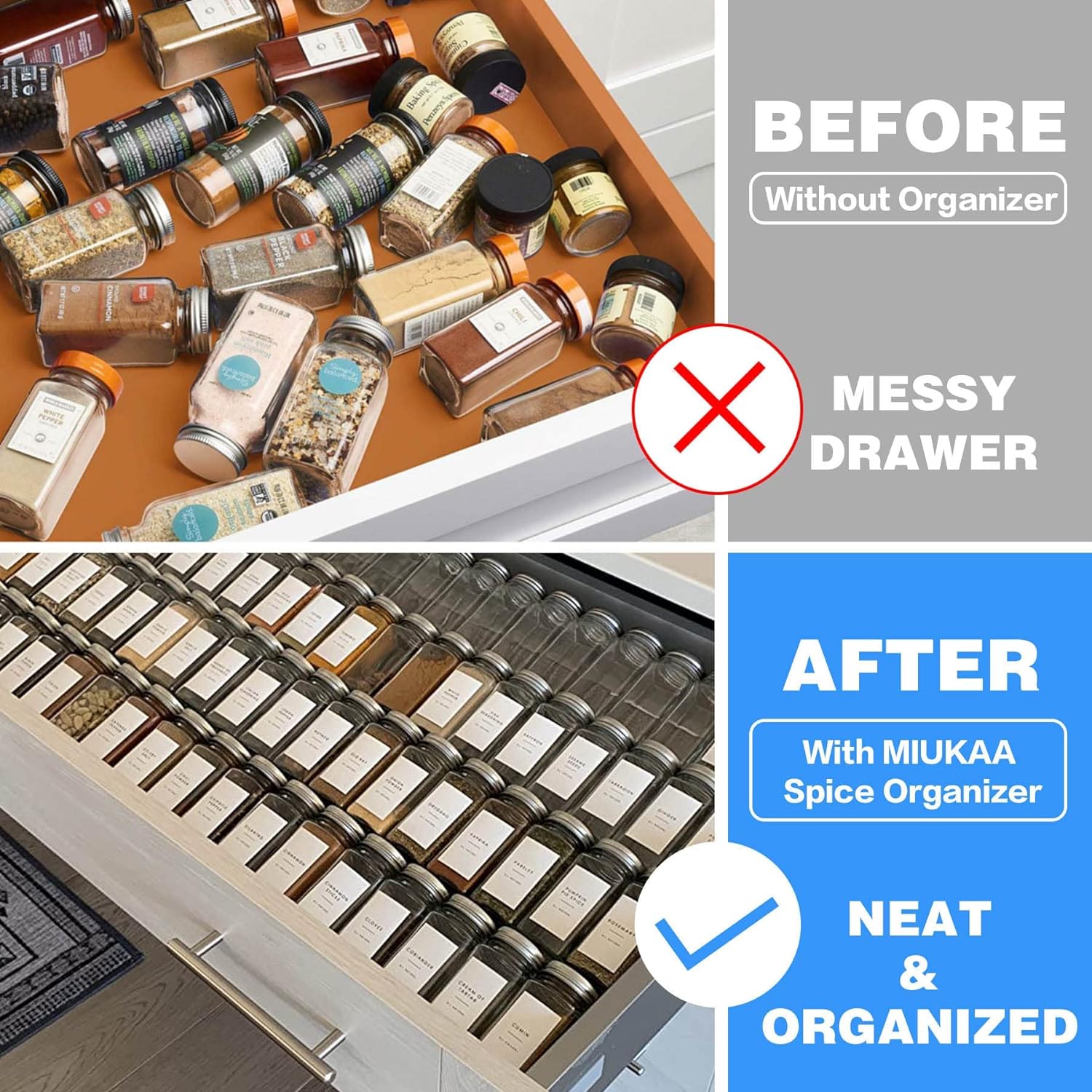MIUKAA Clear Acrylic Spice Drawer Organizer, 4 Tier- 2 Set Expandable From 13" to 26" Drawer Seasoning Organizer