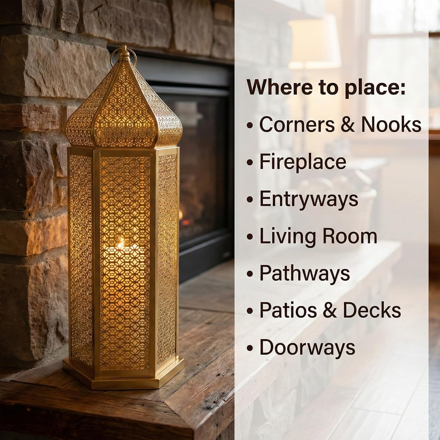 Vela Lanterns Decorative Indoor Gold Moroccan Floor Lantern, Extra Large | Big Moroccan Candle Holder Lamp, Golden
