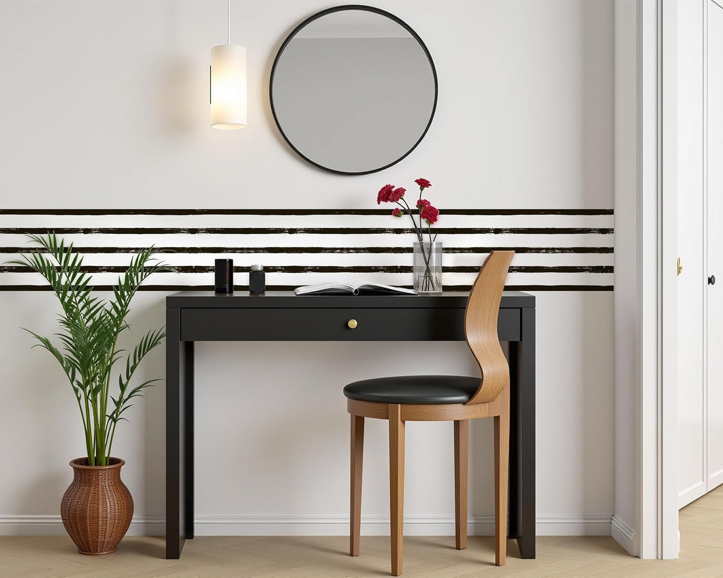 Wallpaper Border / White Striped Wall Borders Decal Peel and Stick Trim / 9 x 240 / WB-5626 / Black